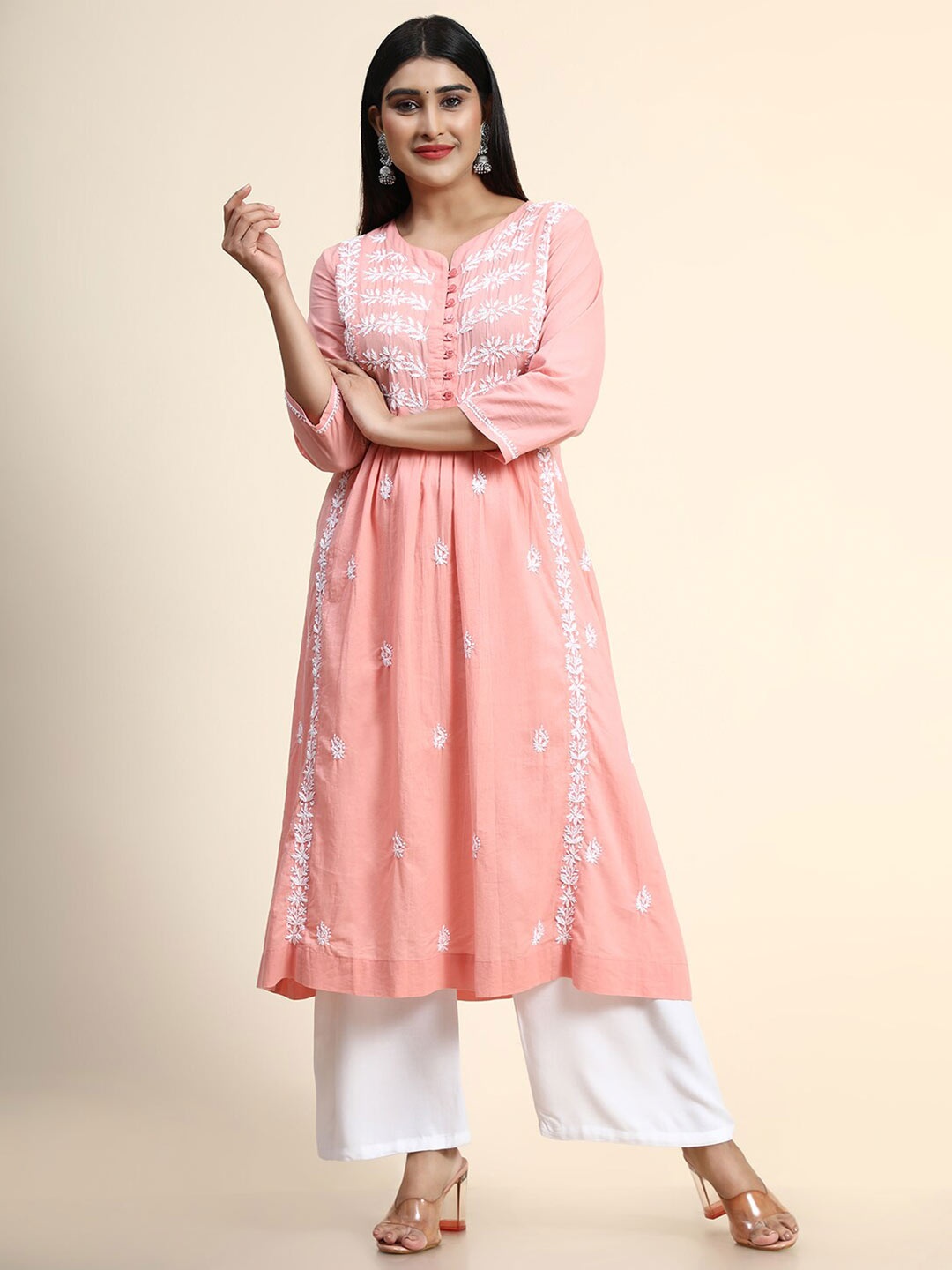 

HOUSE OF KARI Floral Embroidered Chikankari Anarkali Kurta, Pink