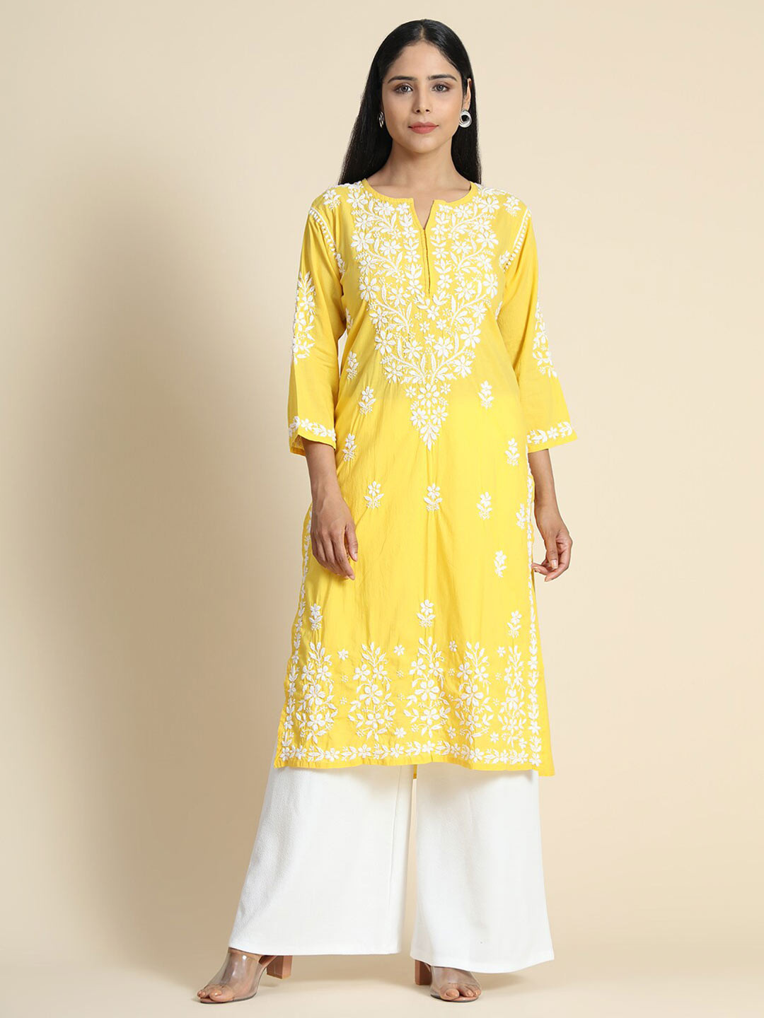 

HOUSE OF KARI Floral Embroidered Chikankari Cotton Kurta, Yellow