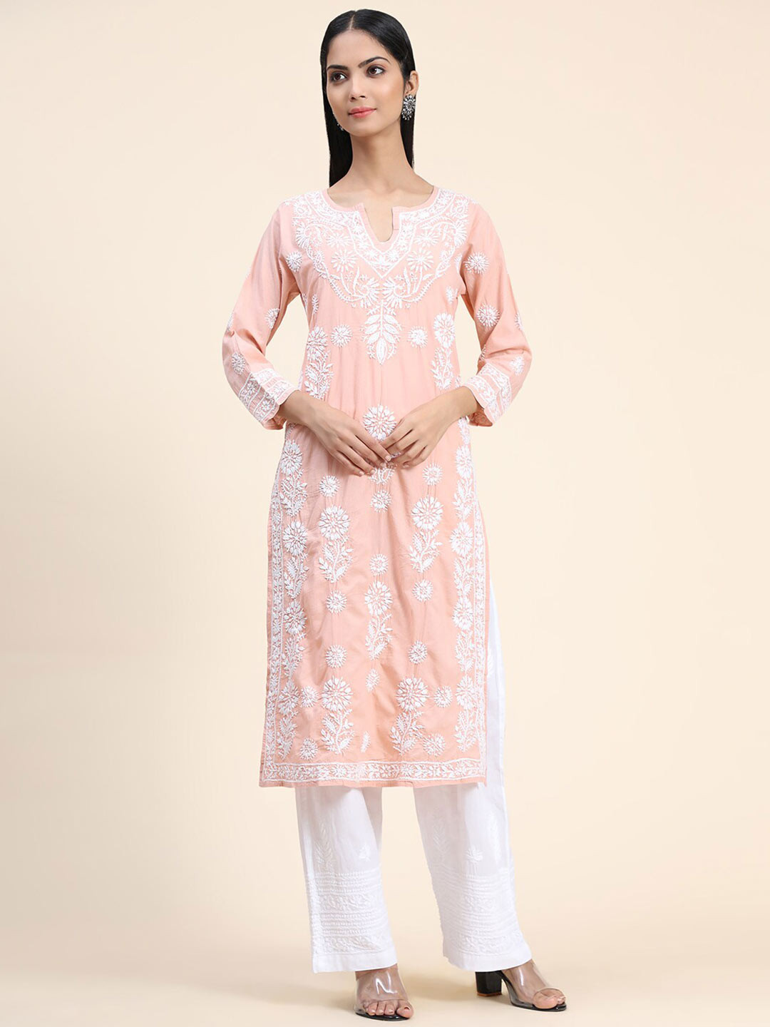 

HOUSE OF KARI Ethnic Motifs Embroidered Notch Neck Chikankari Cotton Kurta, Peach