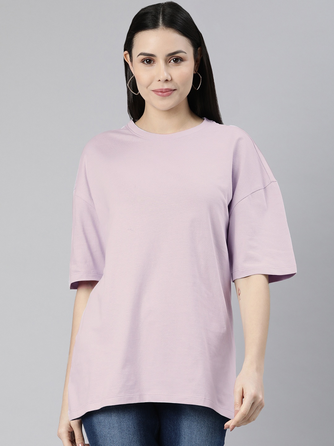 

Huetrap Drop-Shoulder Sleeves Boxy Longline T-shirt, Lavender