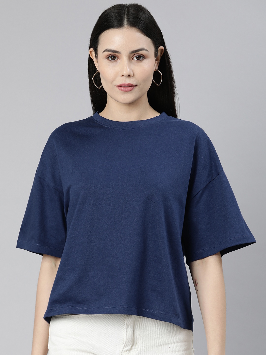 

Huetrap Drop-Shoulder Sleeves Boxy T-shirt, Navy blue