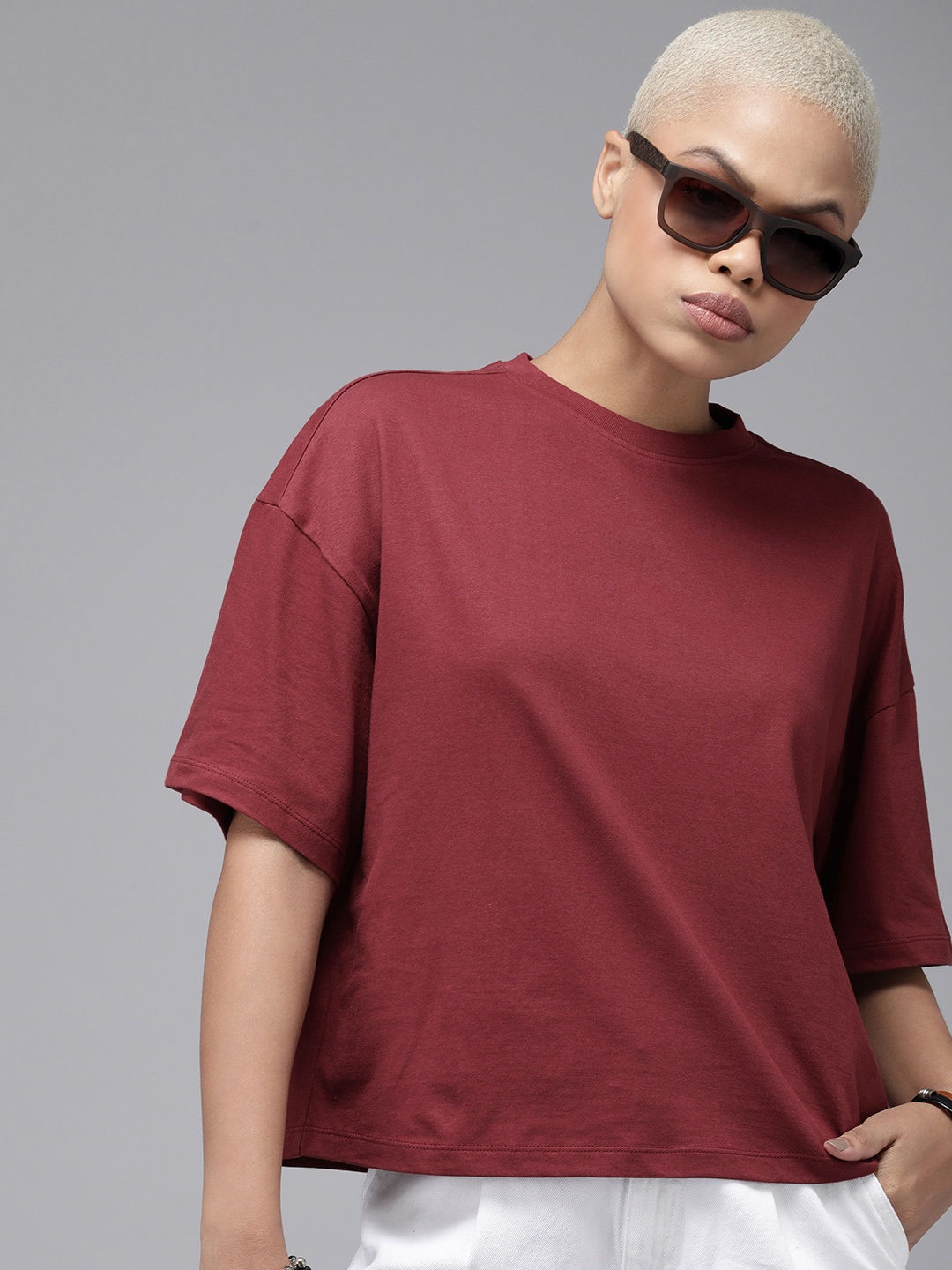 

Roadster Drop-Shoulder Sleeves Boxy T-shirt, Burgundy