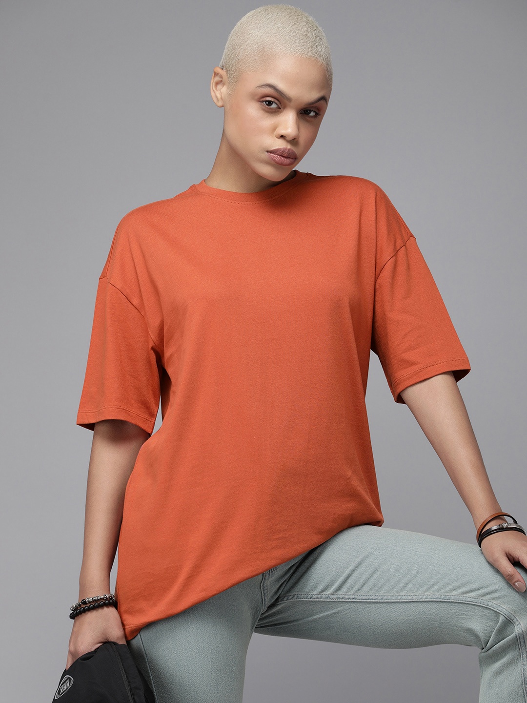 

Roadster Drop-Shoulder Sleeves Boxy Longline T-shirt, Brown