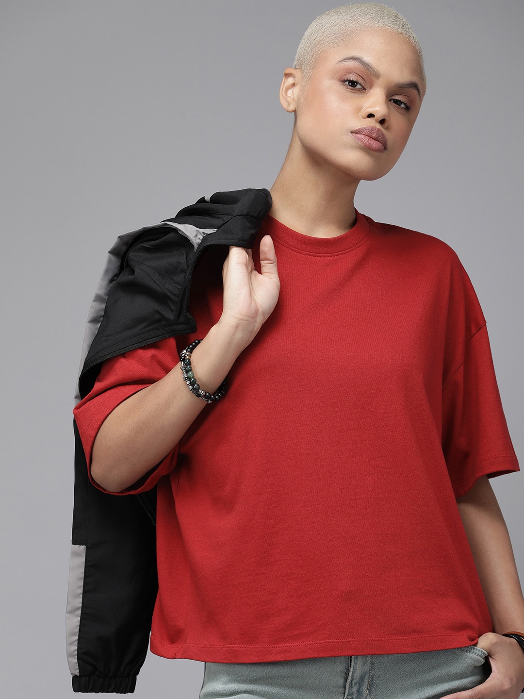 

Roadster Women Drop-Shoulder Sleeves Boxy T-shirt, Red