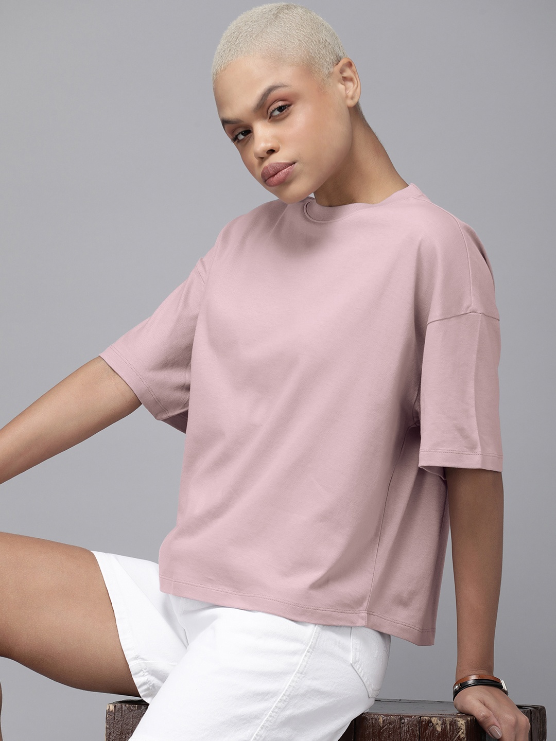 

Roadster Women Drop-Shoulder Sleeves Boxy T-shirt, Pink