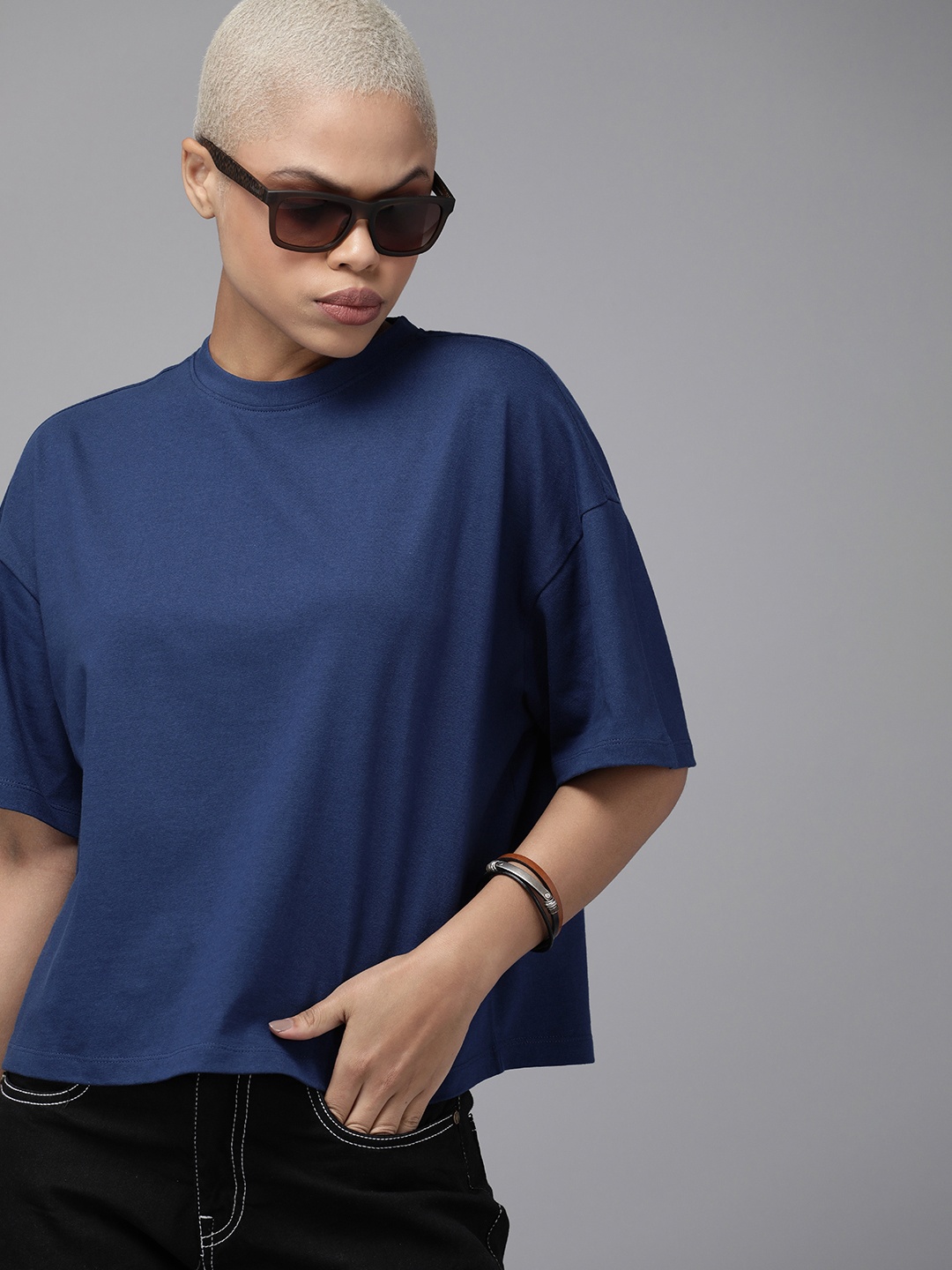 

Roadster Drop-Shoulder Sleeves Boxy T-shirt, Navy blue