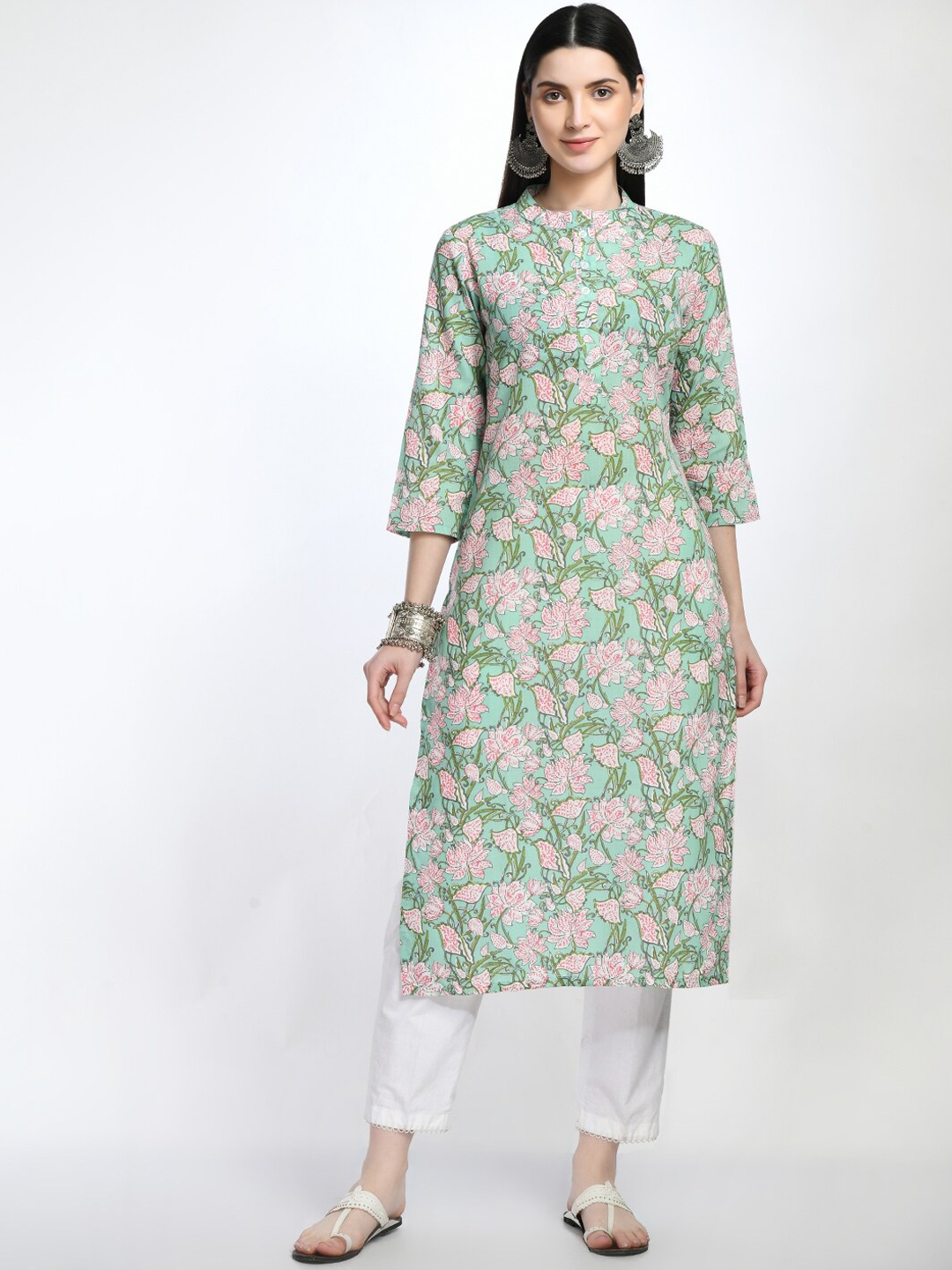 

KALINI Floral Printed Cotton Kurta, Green