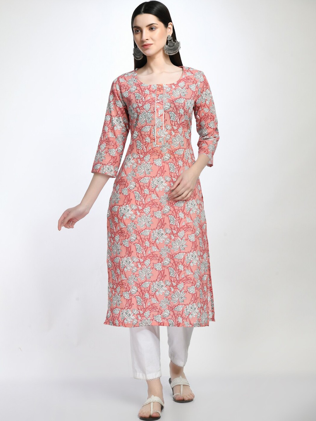 

KALINI Floral Printed Cotton Kurta, Peach