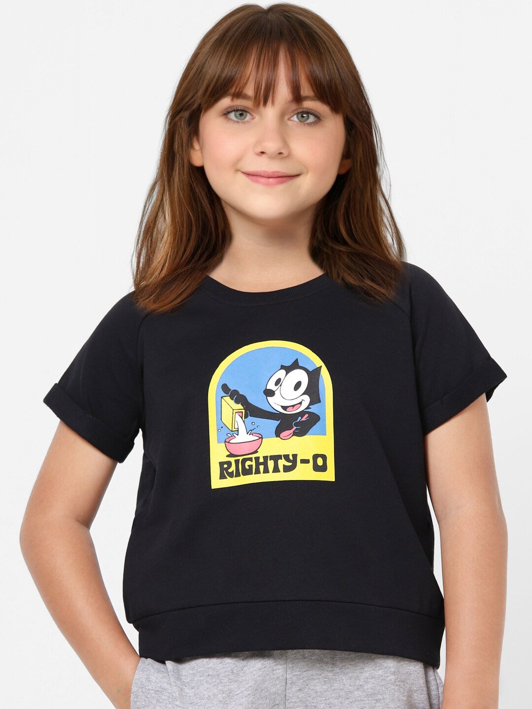 KIDS ONLY Girls Graphic Printed Raglan Sleeves Crop Cotton T-shirt, Black