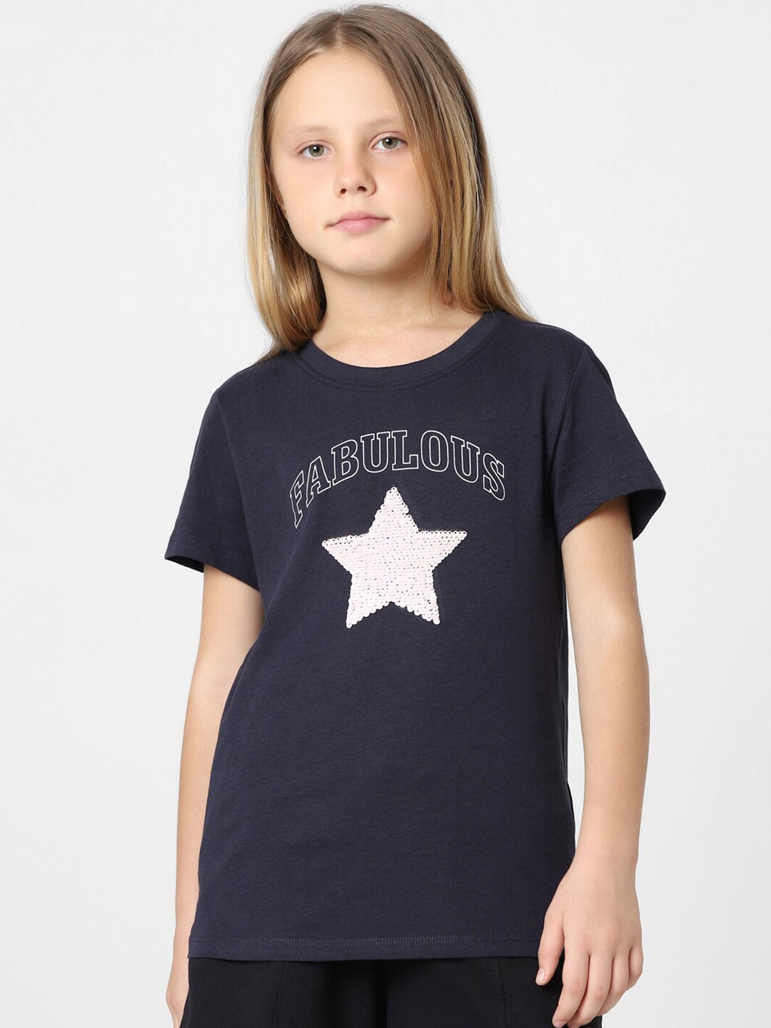 

KIDS ONLY Girls Sequined Typography Printed Cotton T-shirt, Blue
