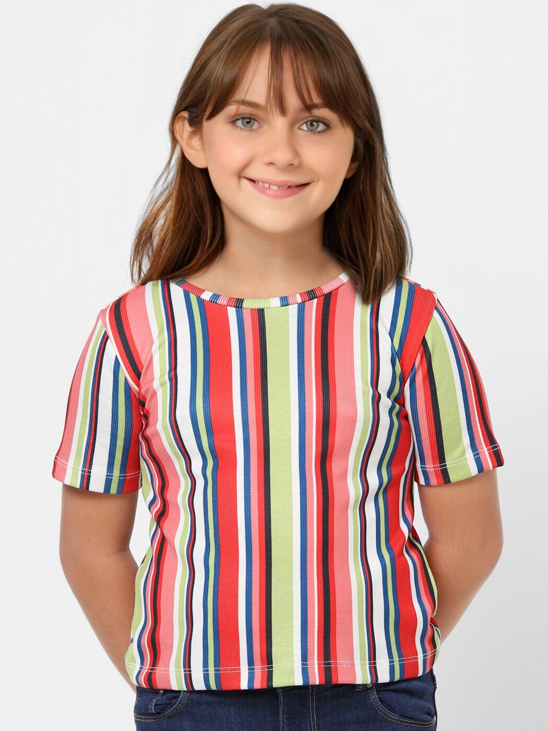 

KIDS ONLY Girls Striped Round Neck Cotton T-shirt, Red