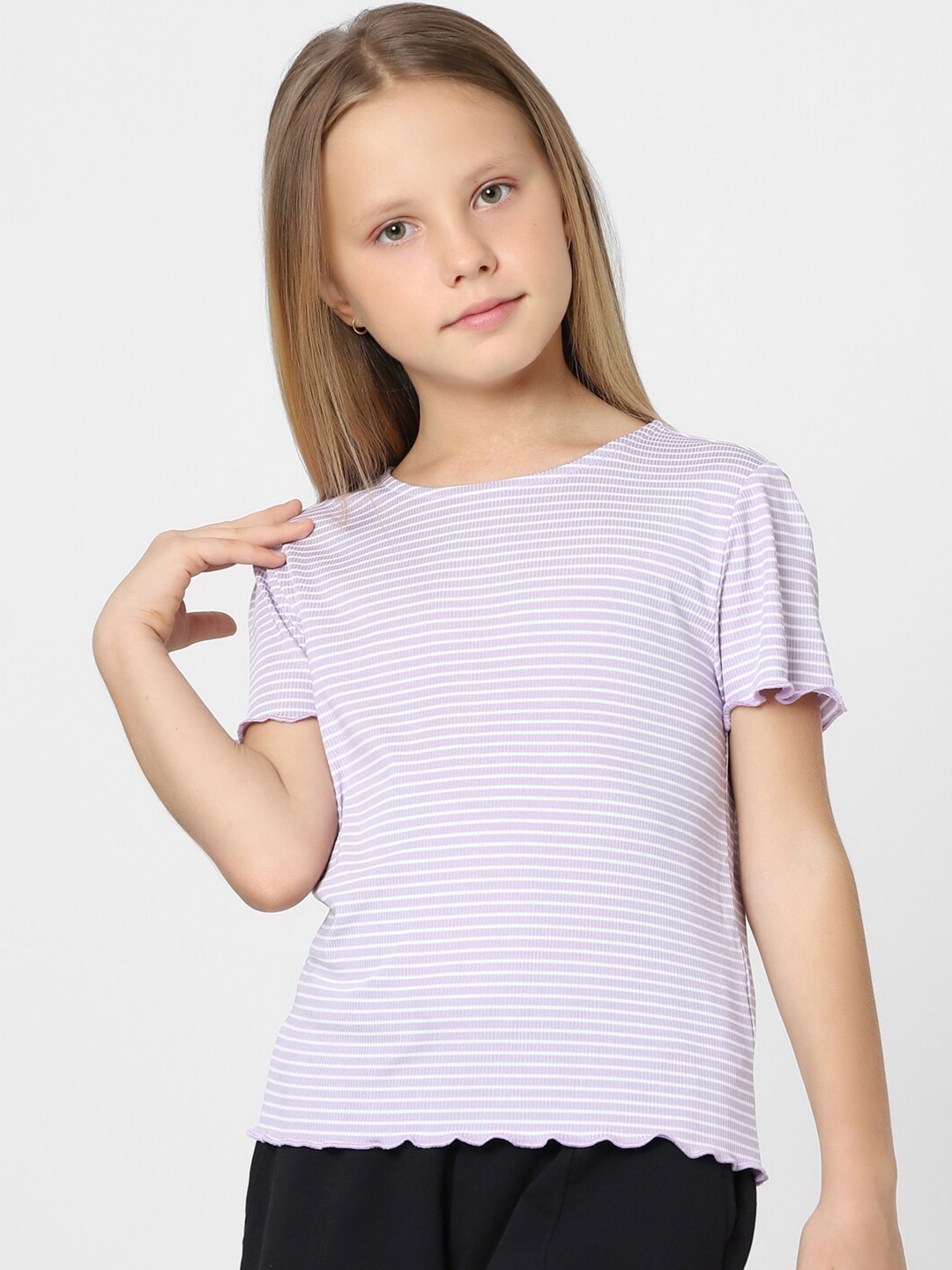 

KIDS ONLY Girls Striped Round Neck T-shirt, Purple