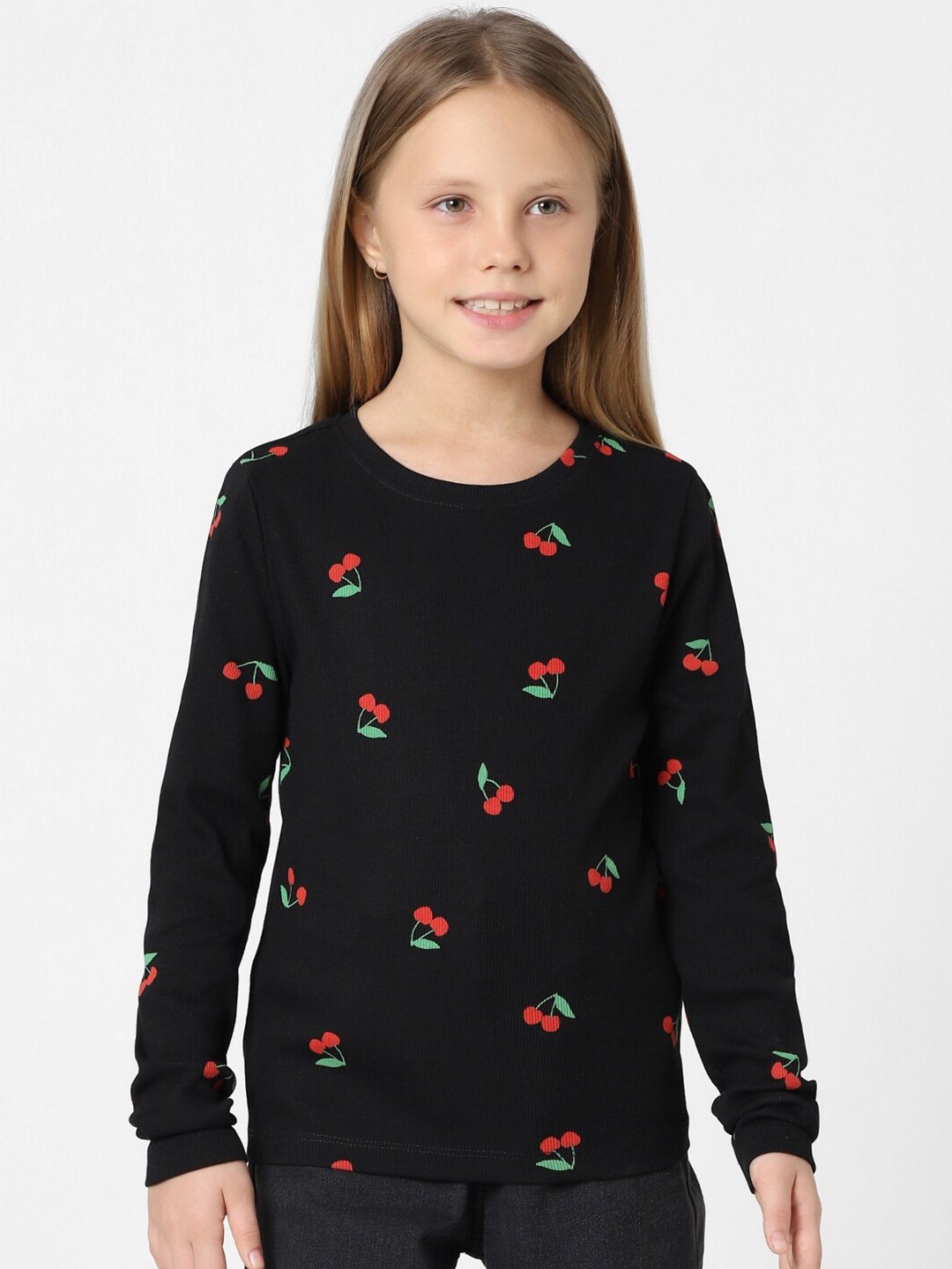 

KIDS ONLY Girls Cherry Printed Long Sleeves Cotton T-shirt, Black