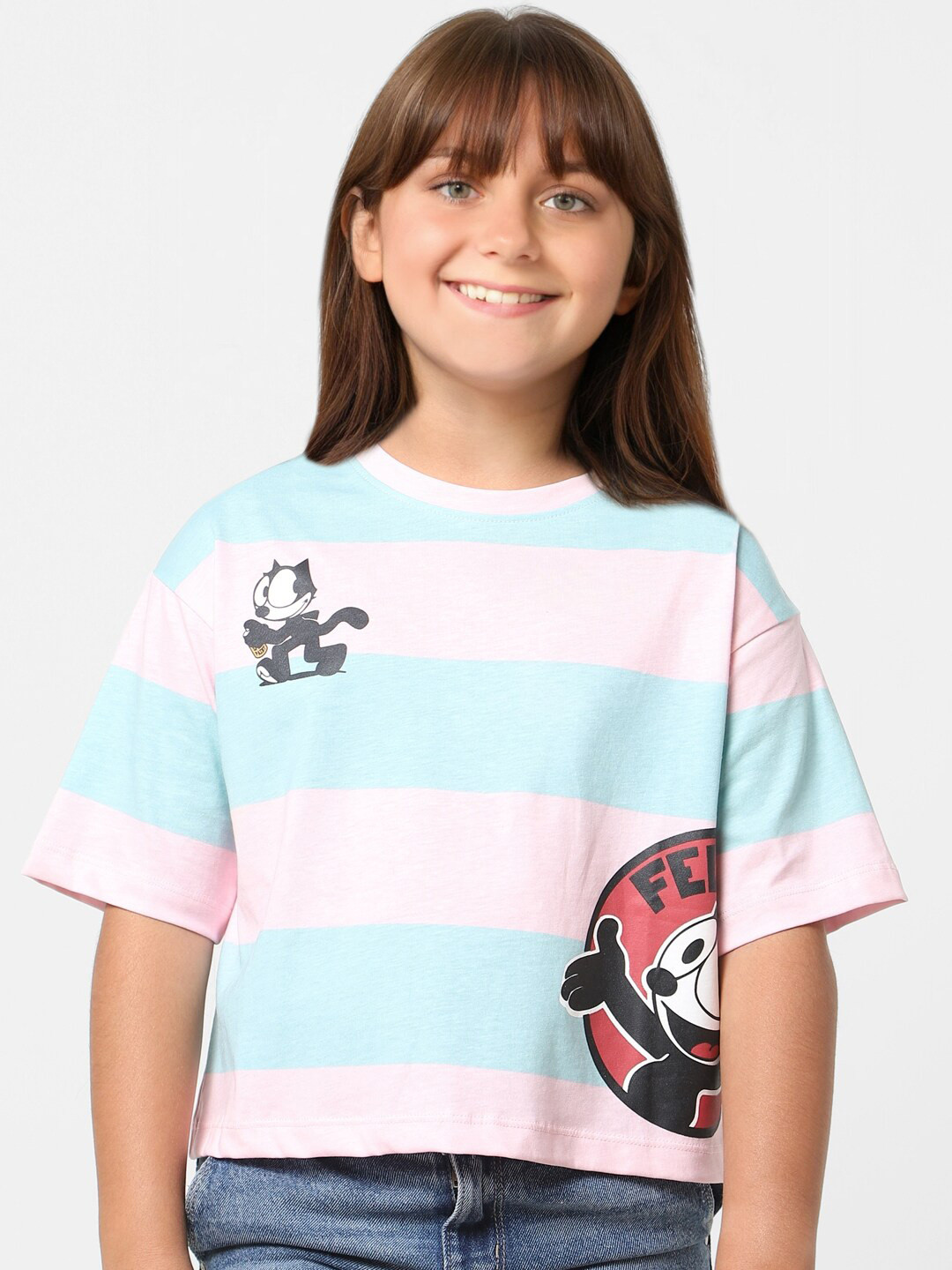 

KIDS ONLY Girls Striped Graphic Printed Loose Fit Cotton T-shirt, Pink
