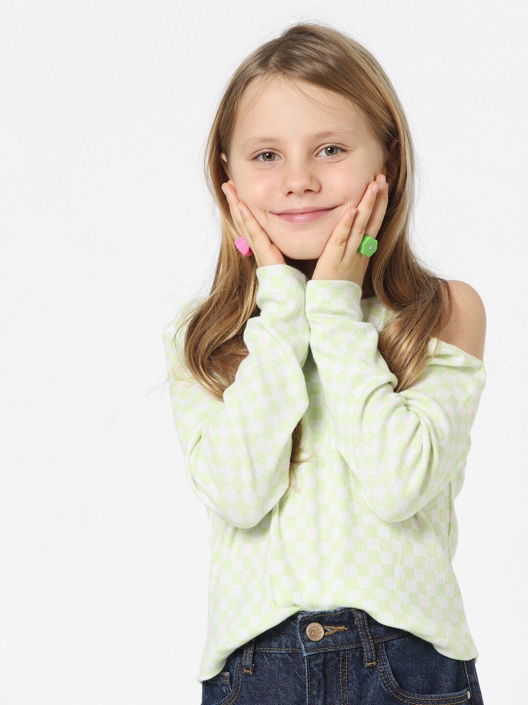 

KIDS ONLY Girls Checked Single Cold Shoulder Long Sleeves Cotton T-shirt, Green
