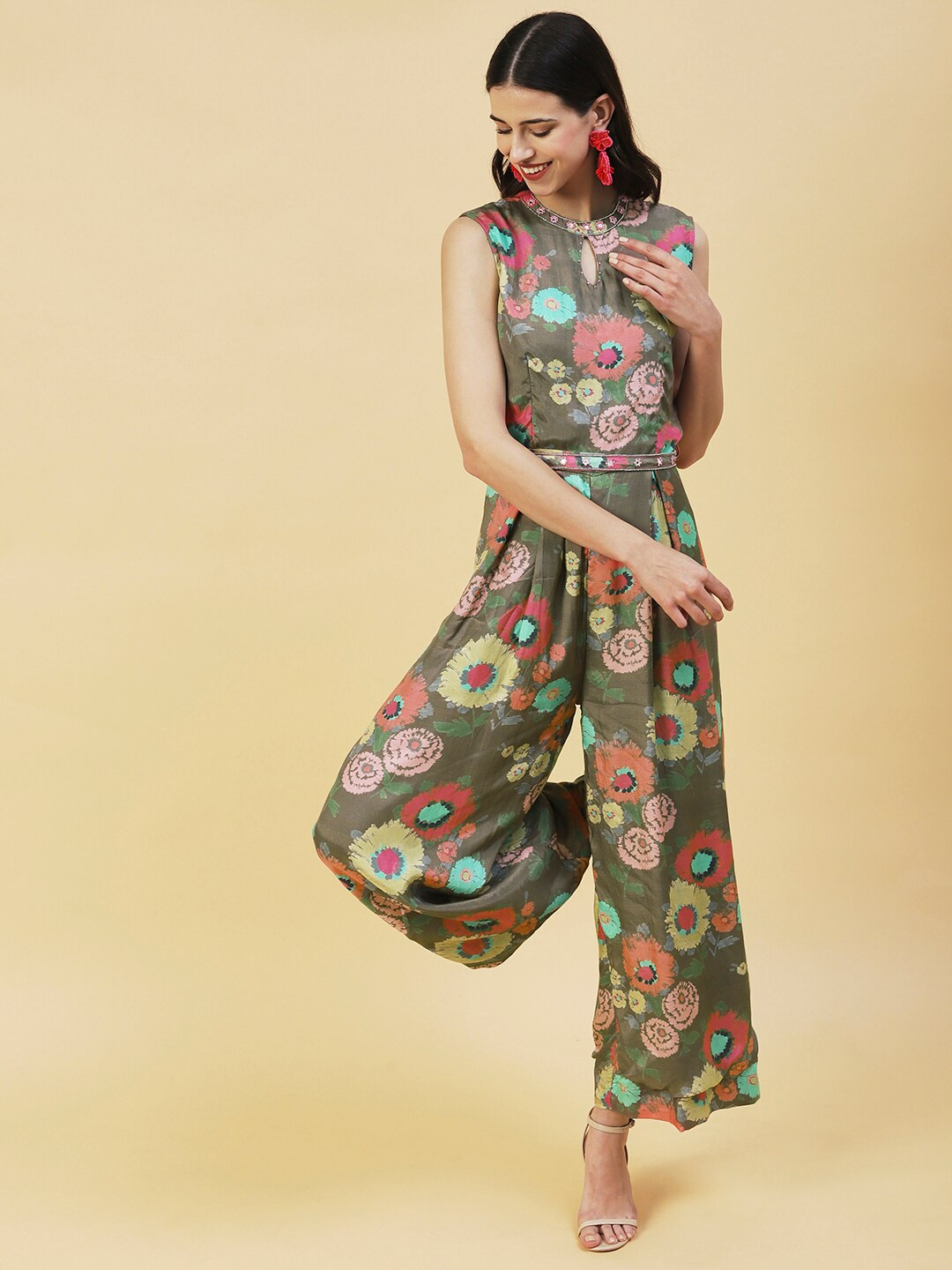 

FASHOR Printed Sleeveless Basic Jumpsuit With Embroidered Waist Belt, Green