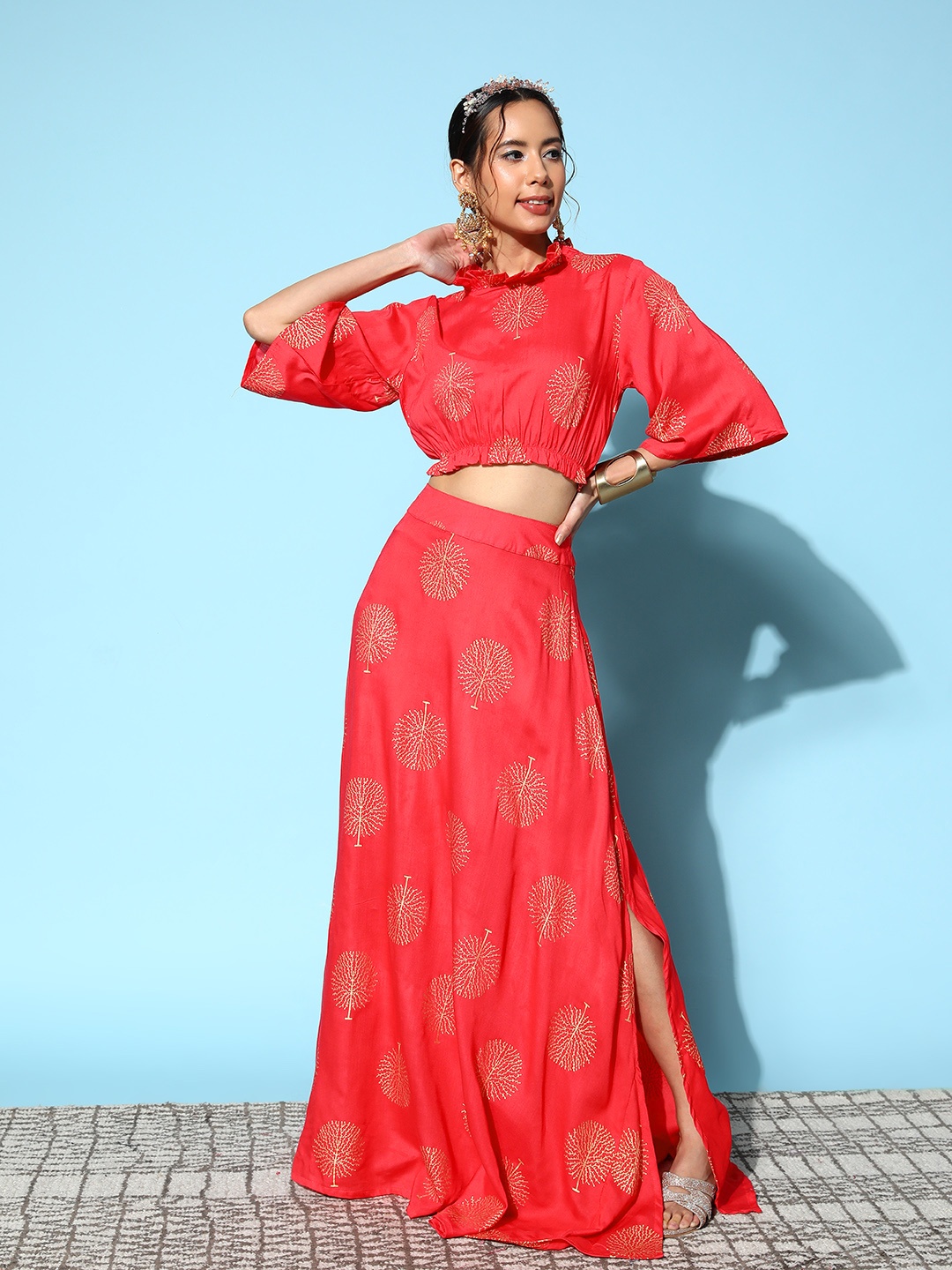 

InWeave Women Red Printed Top with Skirt