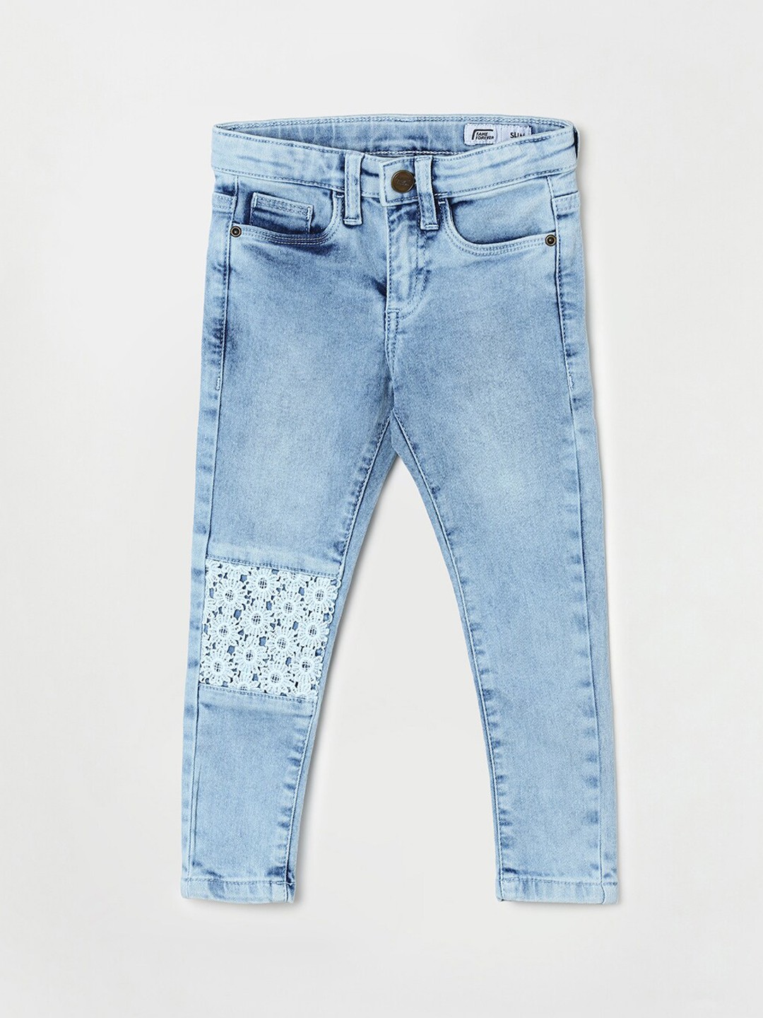 

Fame Forever by Lifestyle Girls Blue Low Distress Heavy Fade Lace Detail Cotton Jeans