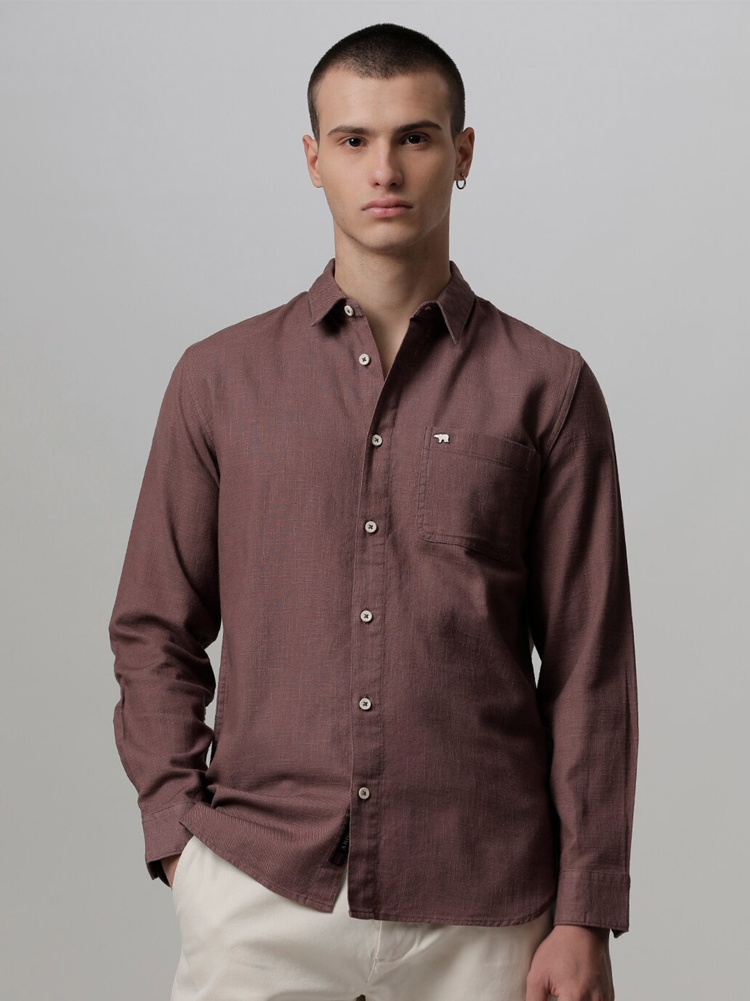 

THE BEAR HOUSE Slim Fit Spread Collar Pure Cotton Casual Shirt, Brown