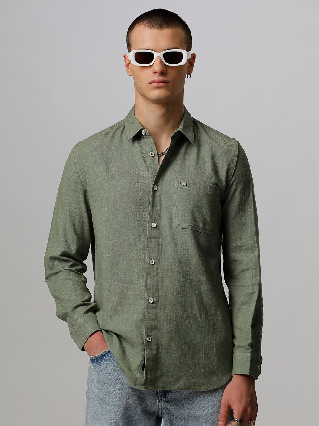 

THE BEAR HOUSE Slim Fit Spread Collar Pure Cotton Casual Shirt, Green