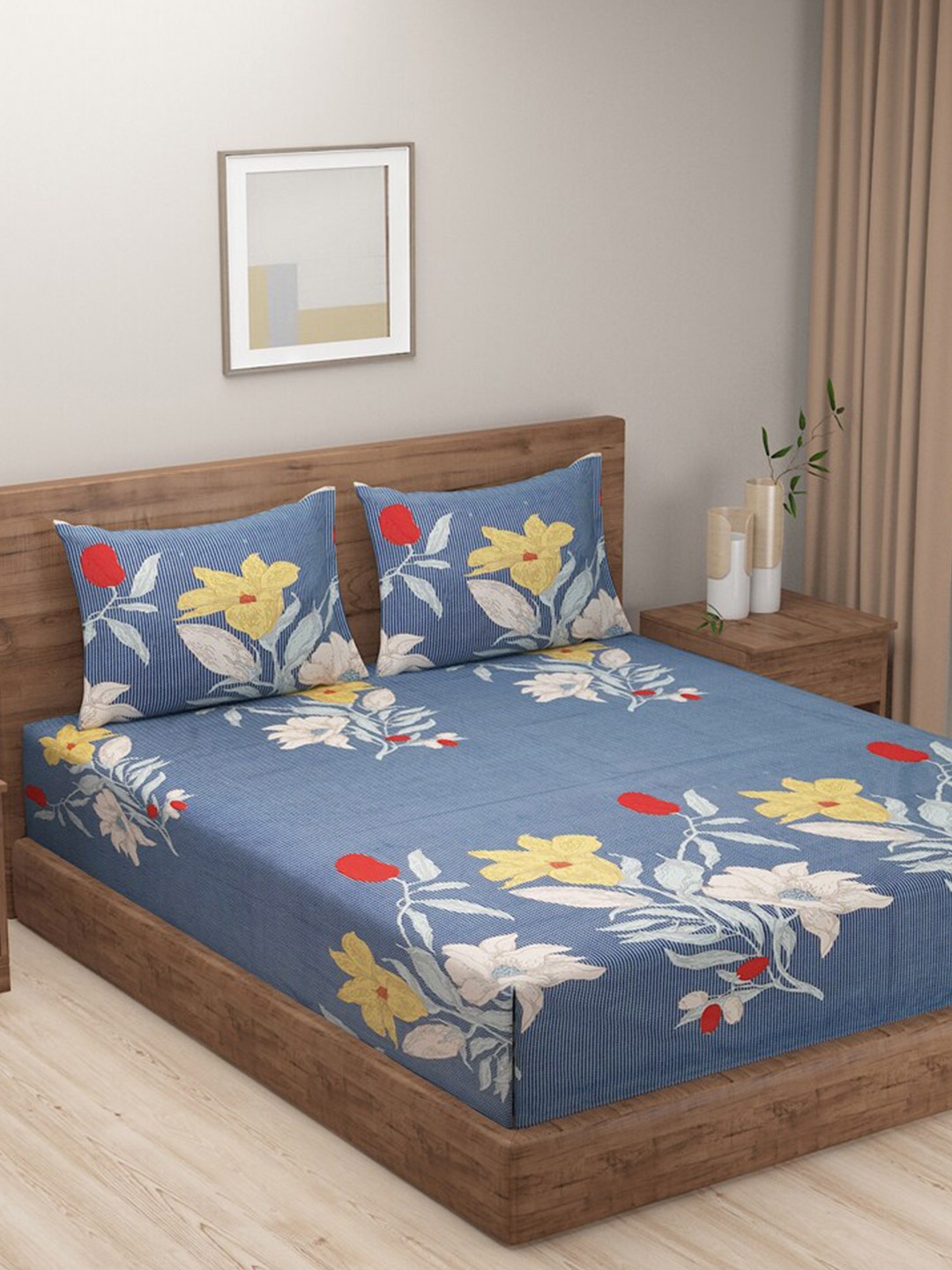 

SWAYAM Tulip Blue & White Floral 144 TC Flat Queen Bedsheet with 2 Pillow Covers