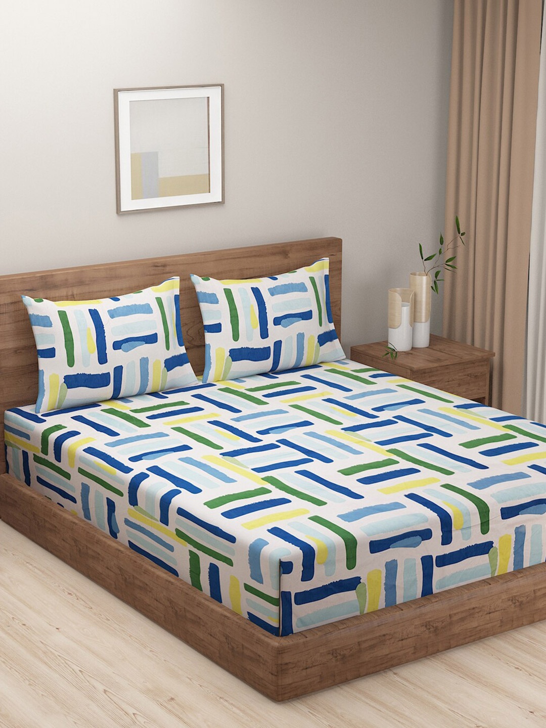

SWAYAM Tulip White & Blue Geometric 144 TC Flat Queen Bedsheet with 2 Pillow Covers
