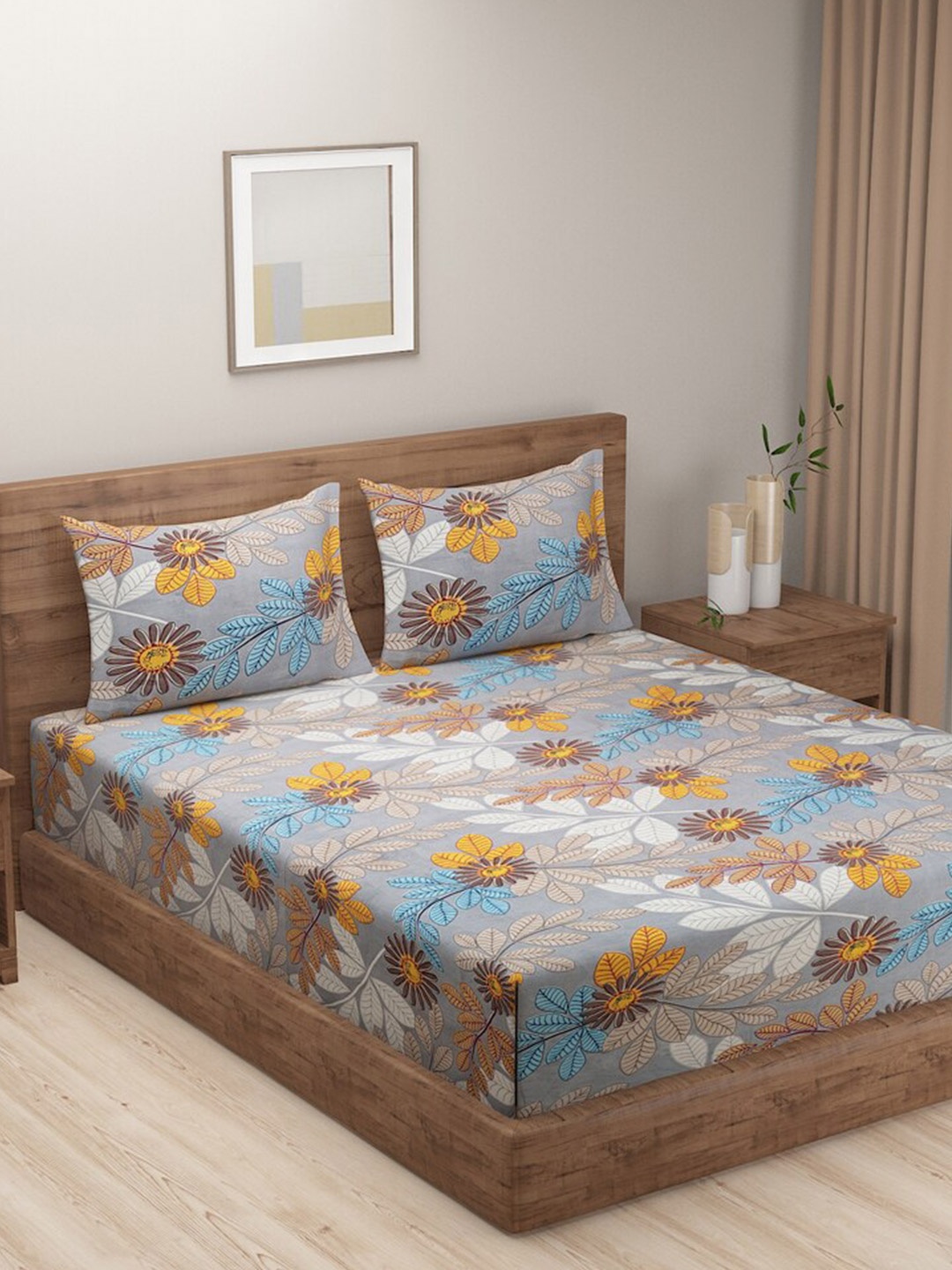 

SWAYAM Tulip Grey & Yellow Floral 144 TC Flat Queen Bedsheet with 2 Pillow Covers