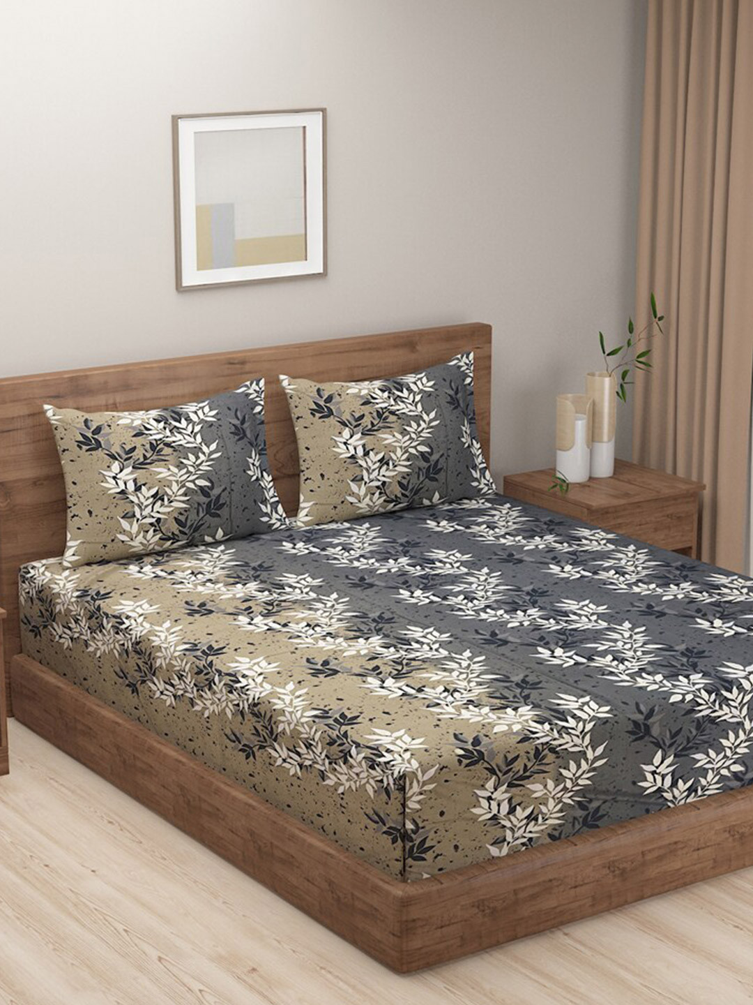 

SWAYAM Prakriti Grey & Brown Floral 144 TC Flat Queen Bedsheet with 2 Pillow Covers