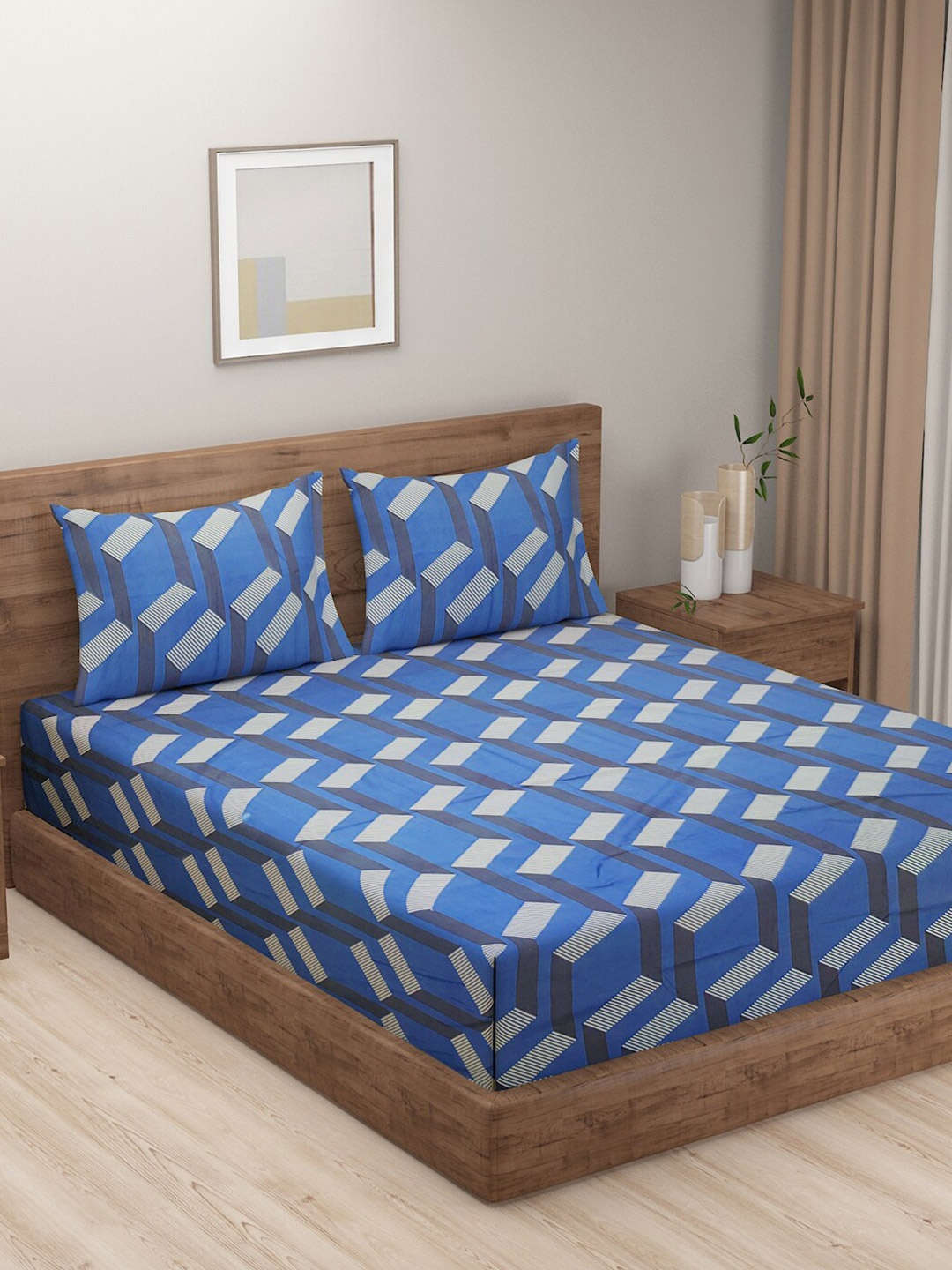 

SWAYAM Prakriti Blue & White Geometric 144 TC Flat King Bedsheet with 2 Pillow Covers