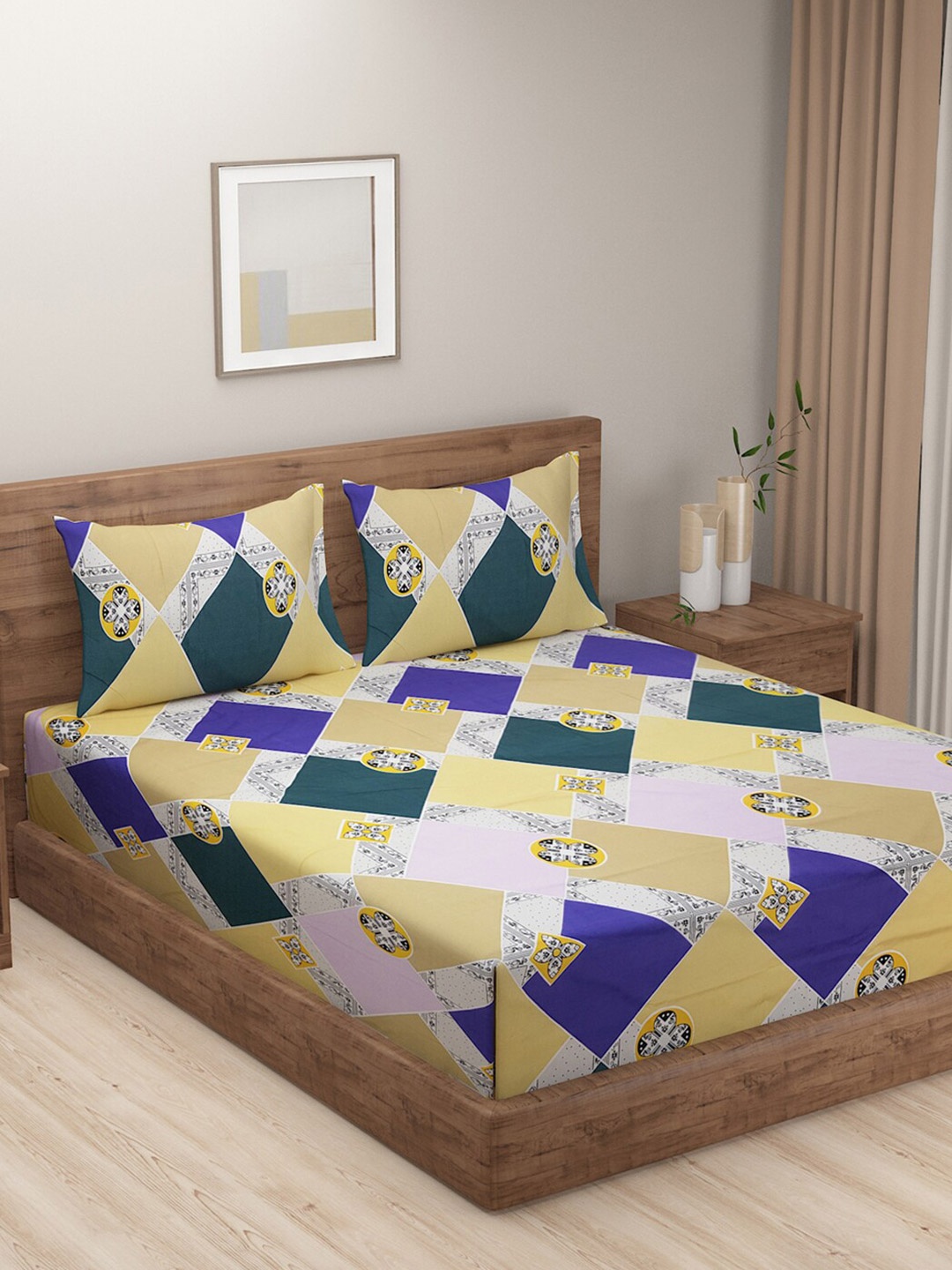 

SWAYAM Prakriti Blue & Yellow Geometric 144 TC Flat Queen Bedsheet with 2 Pillow Covers