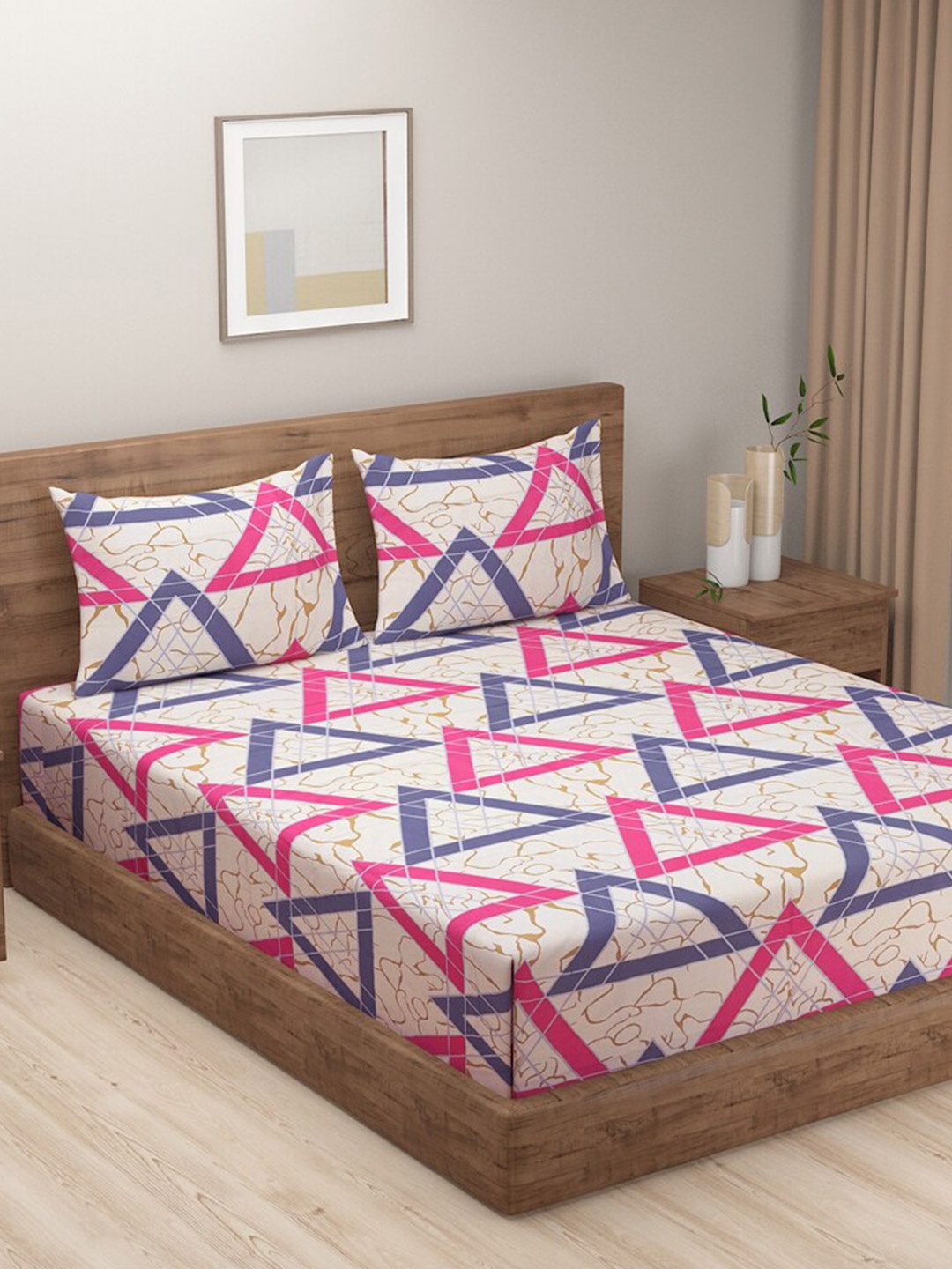 

SWAYAM White & Pink Geometric 144 TC Flat Queen Bedsheet with 2 Pillow Covers
