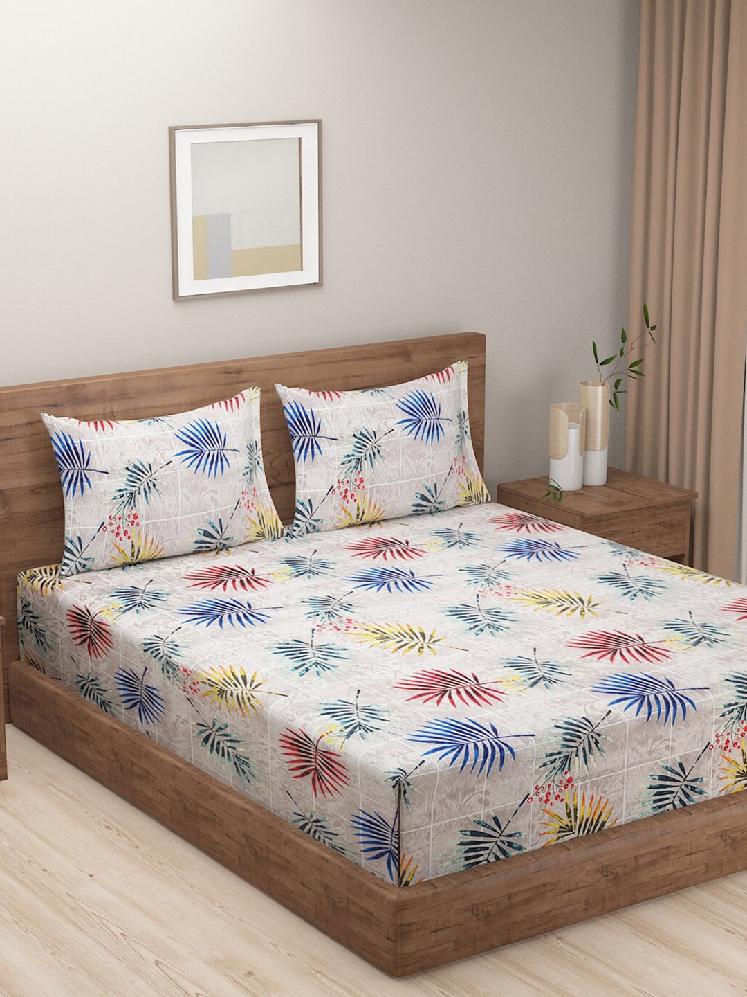 

SWAYAM Tulip Grey & Blue Floral 144 TC Flat Queen Bedsheet with 2 Pillow Covers