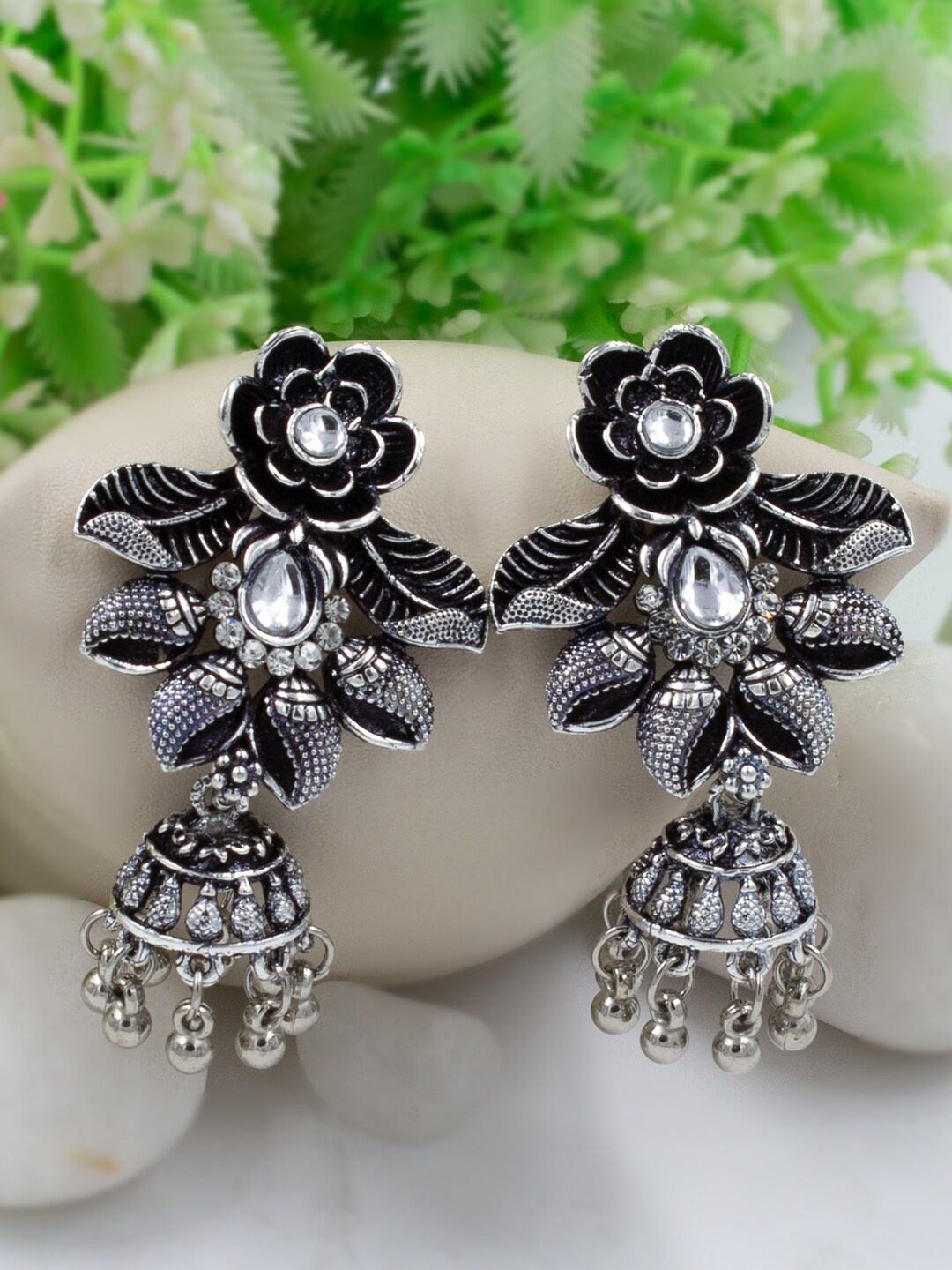 

PRIVIU Silver-Plated Classic Oxidised Jhumkas Earrings, Black