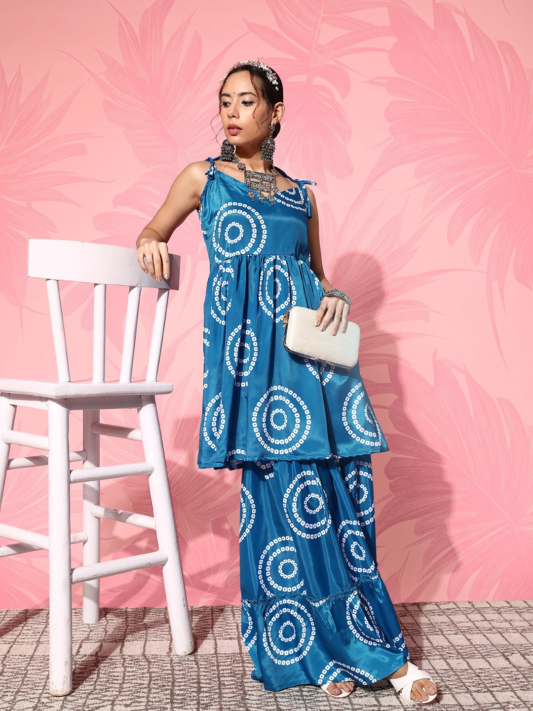 

InWeave Printed Pleated Kurta with Palazzos, Blue