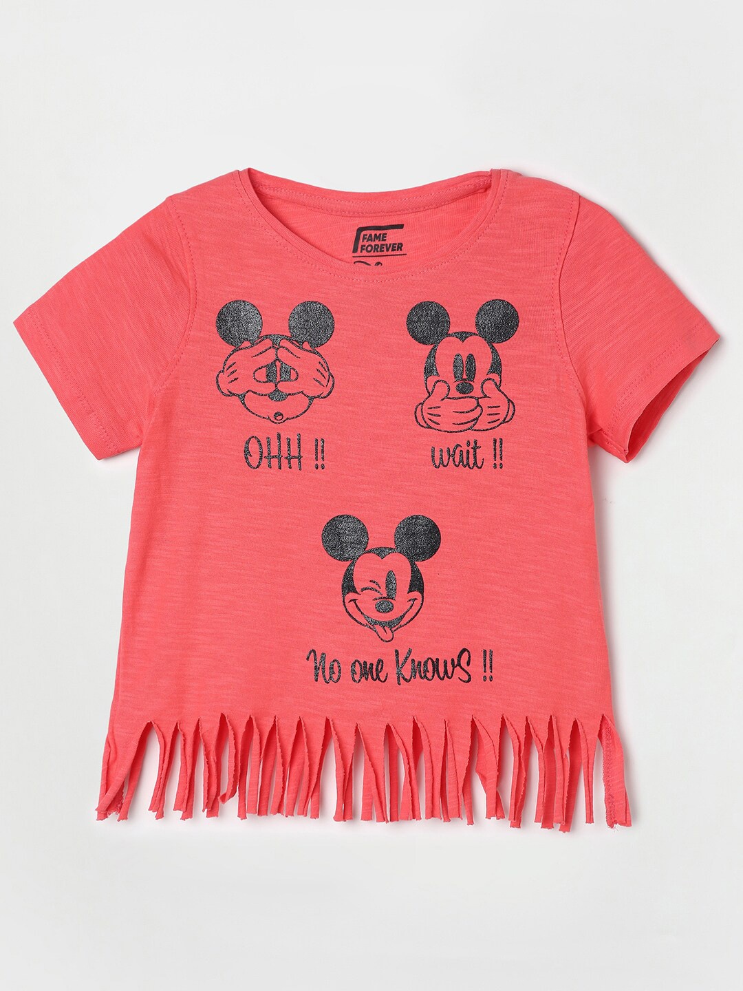 

Fame Forever by Lifestyle Girls Mickey Mouse Printed Fringed Cotton Top, Coral