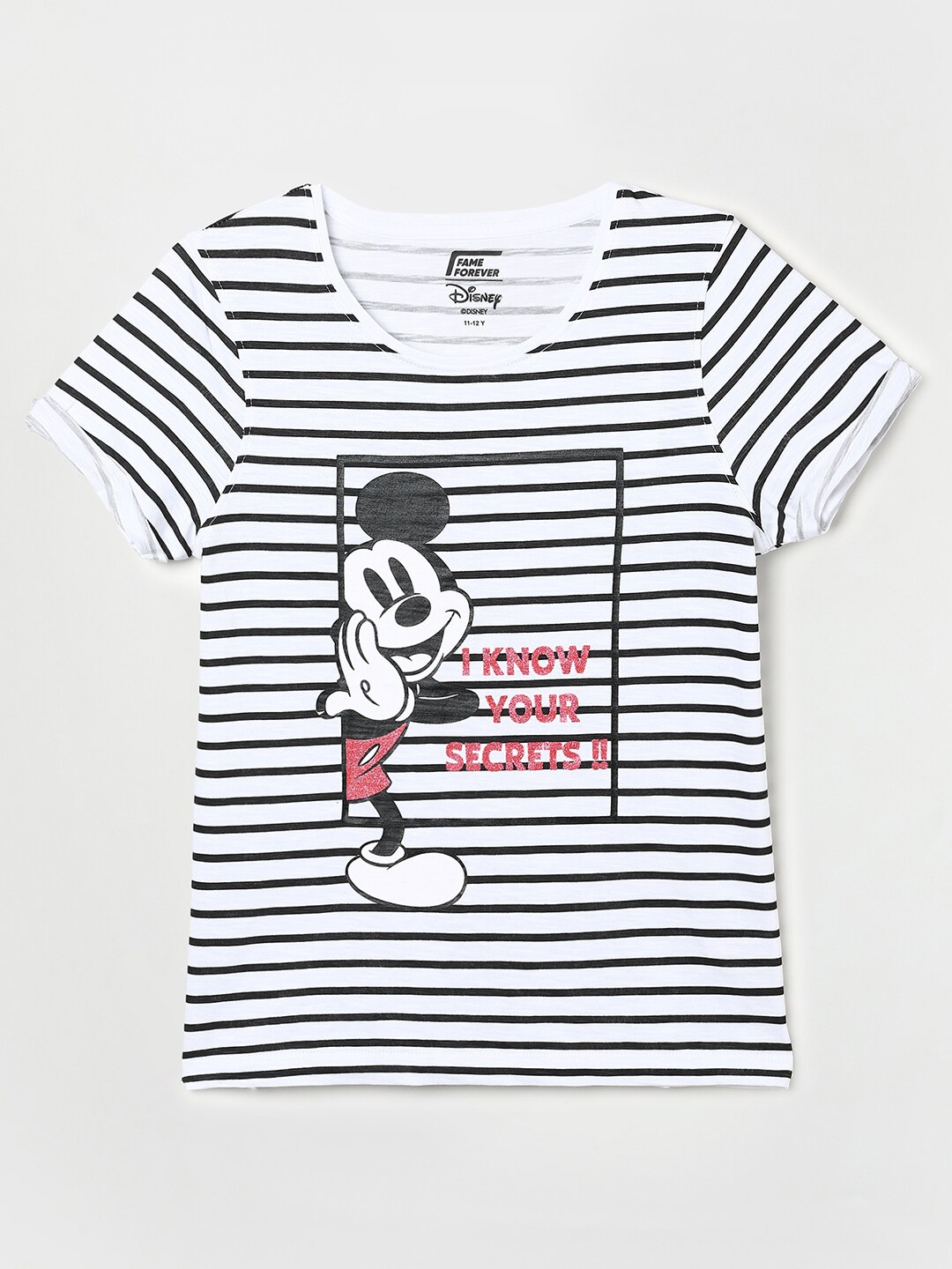 

Fame Forever by Lifestyle Girls Mickey Printed Striped T-shirt, White