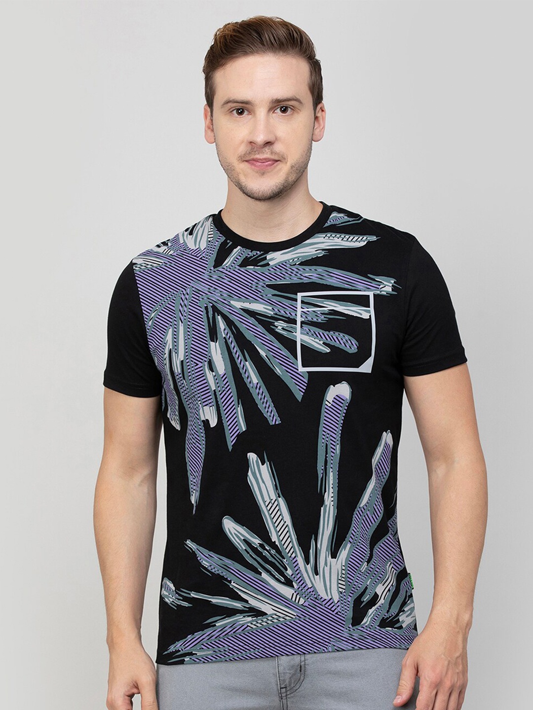 

Bossini Abstract Printed Round Neck Cotton T-shirt, Black