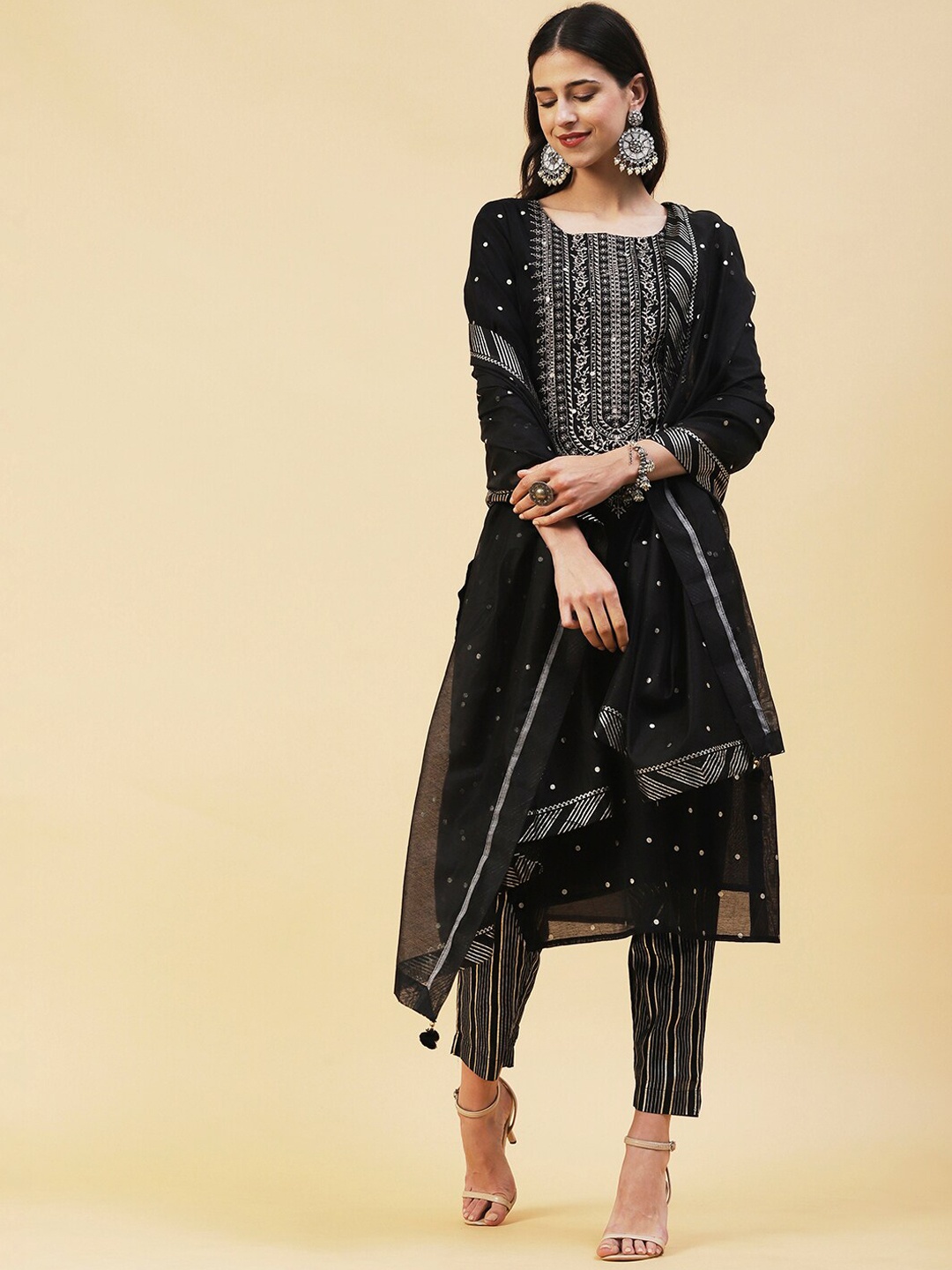 

FASHOR Polka Dots Printed Sequinned Kurta with Trousers & With Dupatta, Black