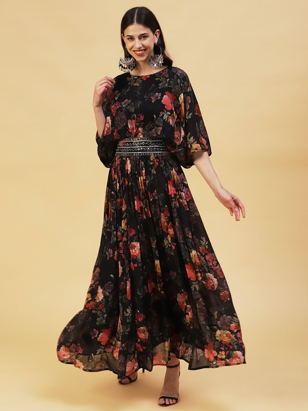 

FASHOR Floral Printed Extended Sleeves Fit & Flare Silk Maxi Dress, Black