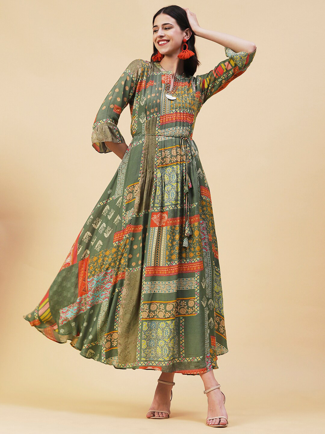 

FASHOR Ethnic Motifs Printed Maxi Dress, Green