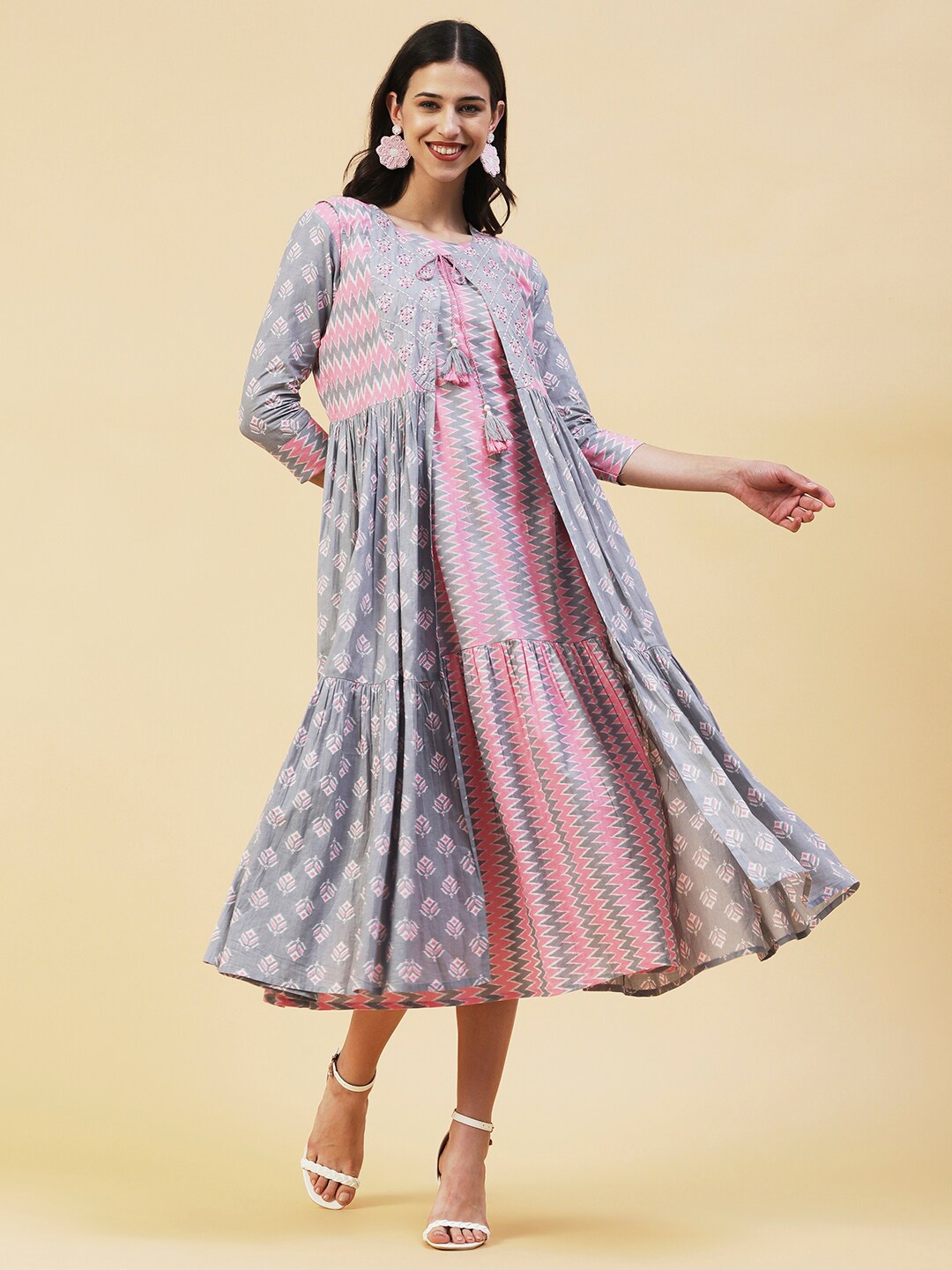 

FASHOR Chevron Printed Cotton A-Line Midi Dress With Jacket, Pink