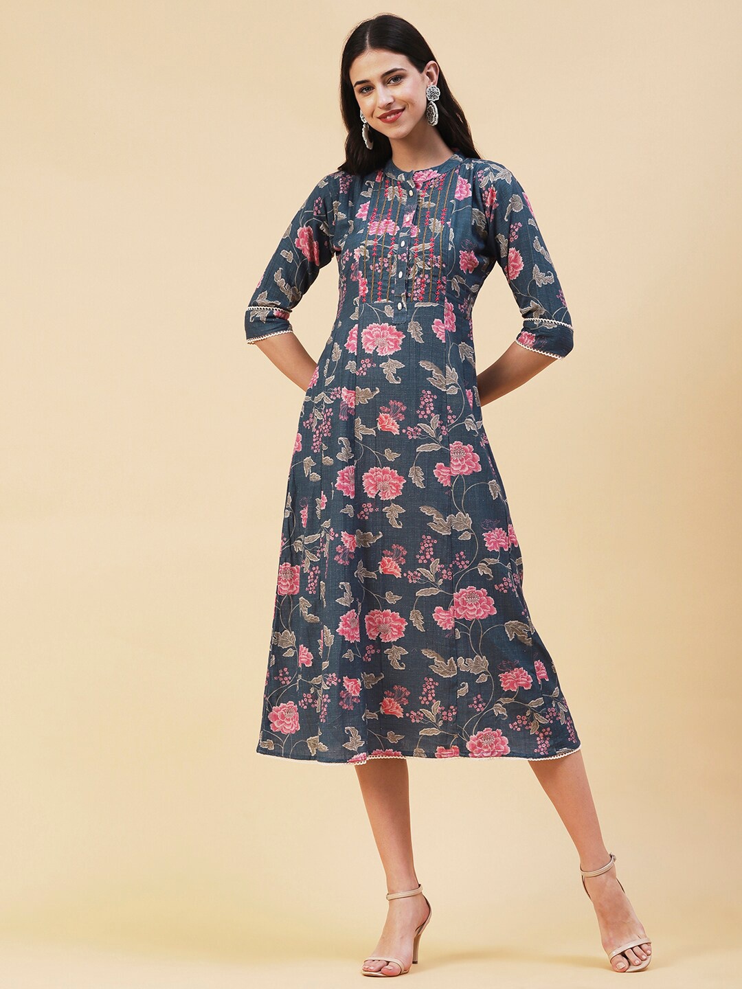 

FASHOR Cotton Floral Printed A-Line Midi Dress, Blue