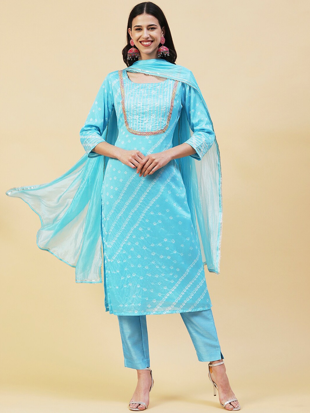

FASHOR Bandhani Printed Gotta Patti Kurta with Trousers & Dupatta, Blue