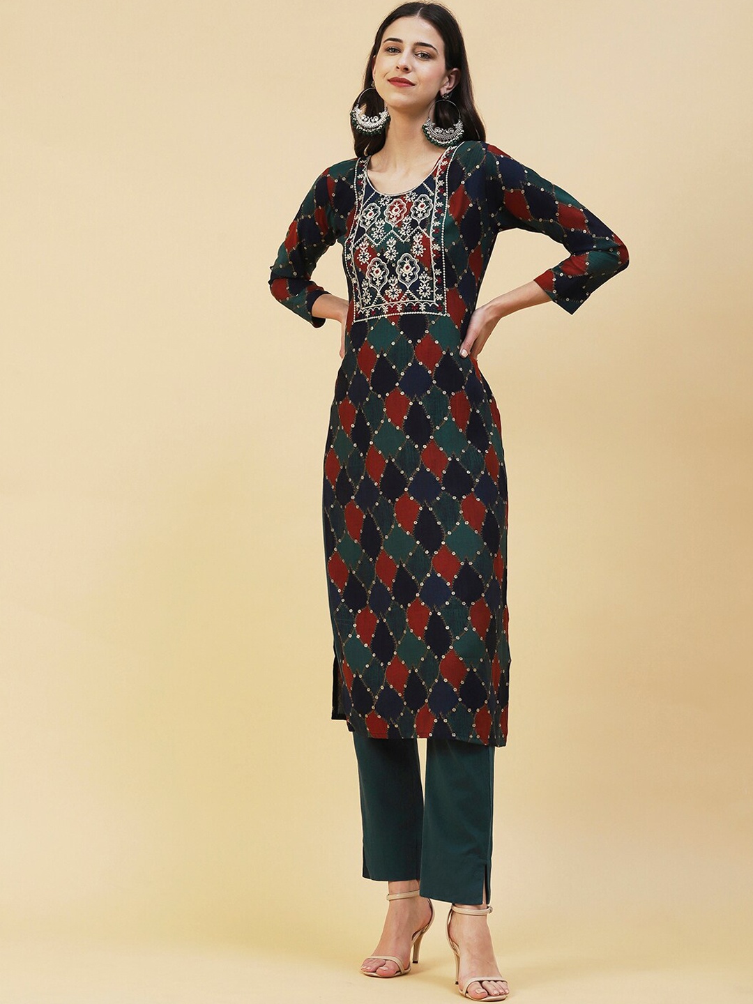 

FASHOR Floral Printed Silk Kurta, Navy blue