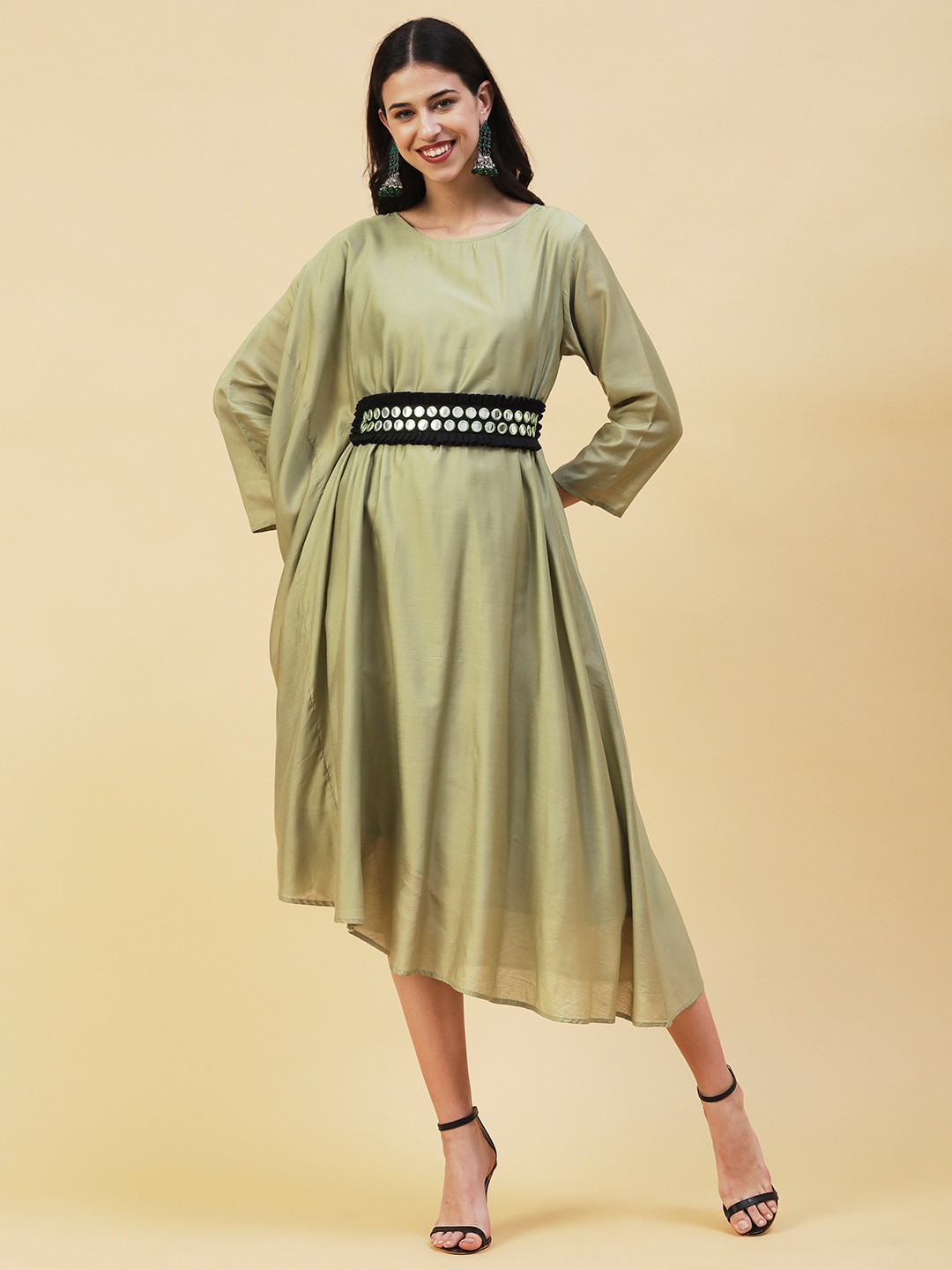 

FASHOR Silk Kaftan Dress With Mirror Embroidered Belt, Sea green