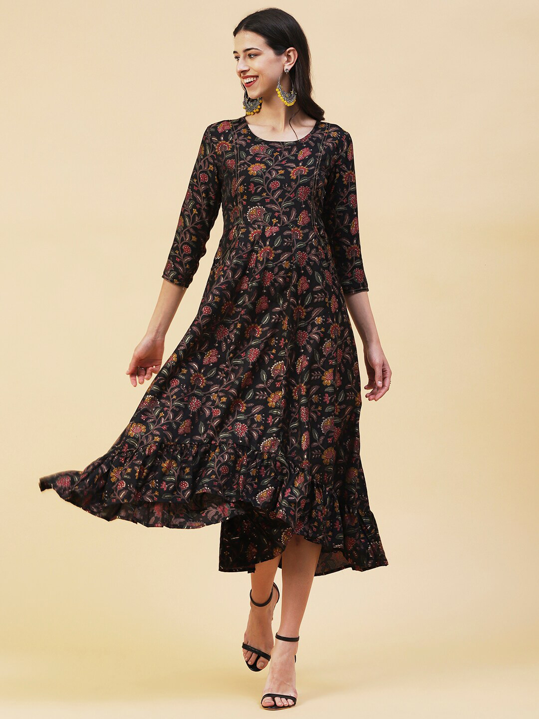 

FASHOR Floral Printed A-Line High-Low Hem Midi Dress, Black