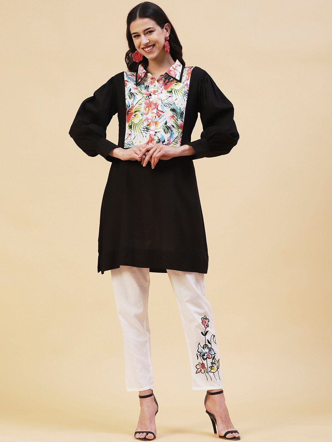 

FASHOR Printed Kurta with Trousers, Black