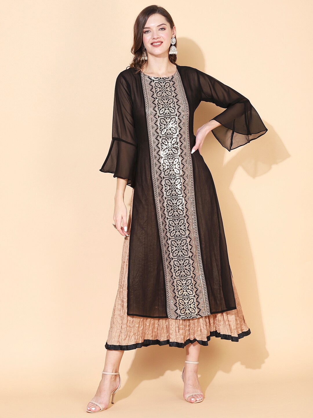 

FASHOR Ethnic Motifs Sequinned Embellished Georgette Maxi Dress, Black