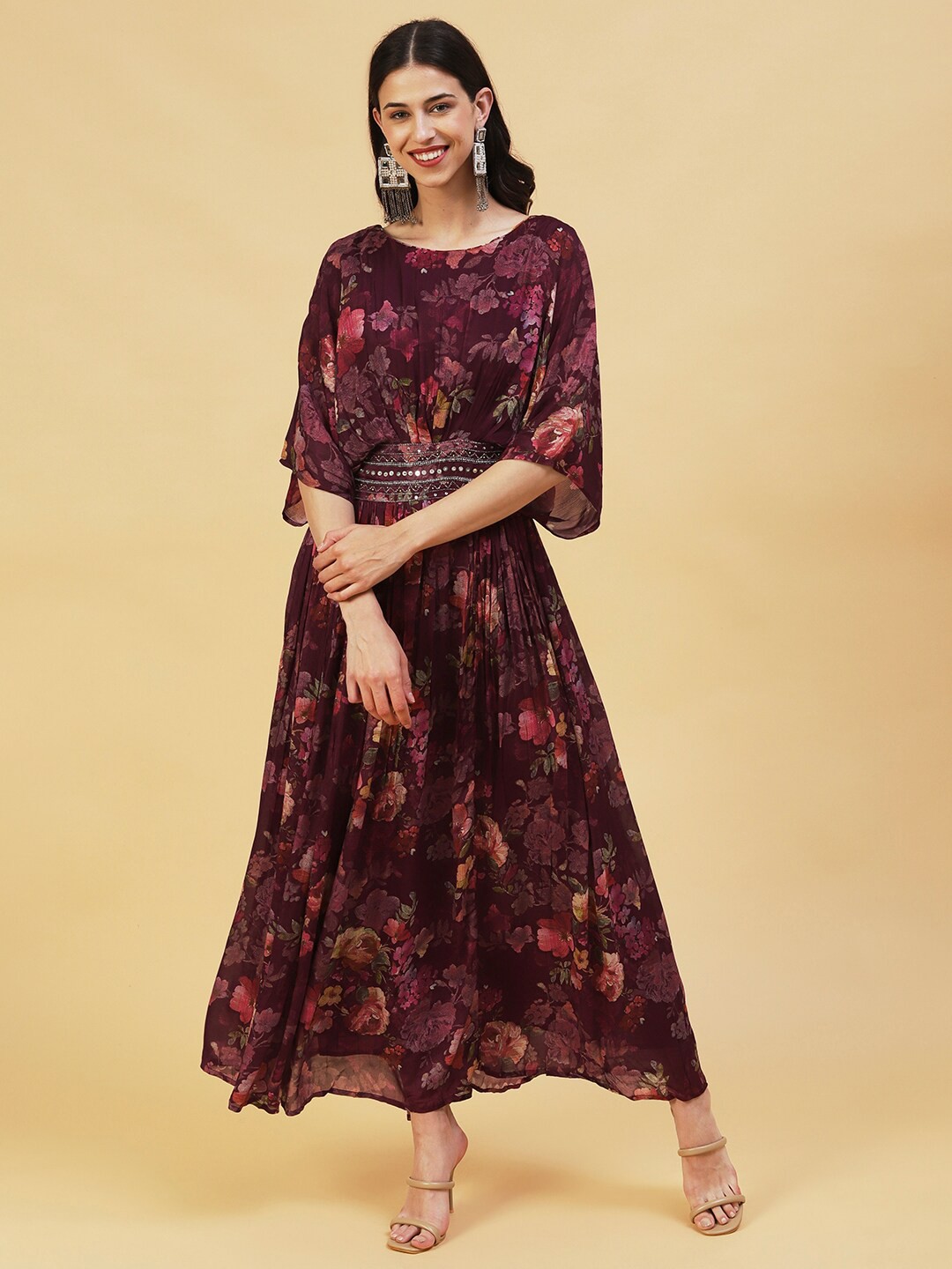 

FASHOR Floral Printed Maxi Dress With Sequinned Embellished, Purple