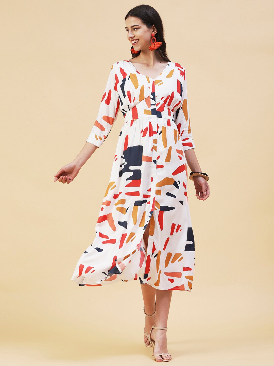 

FASHOR Abstract Printed A- Line Flared Midi Dress, White